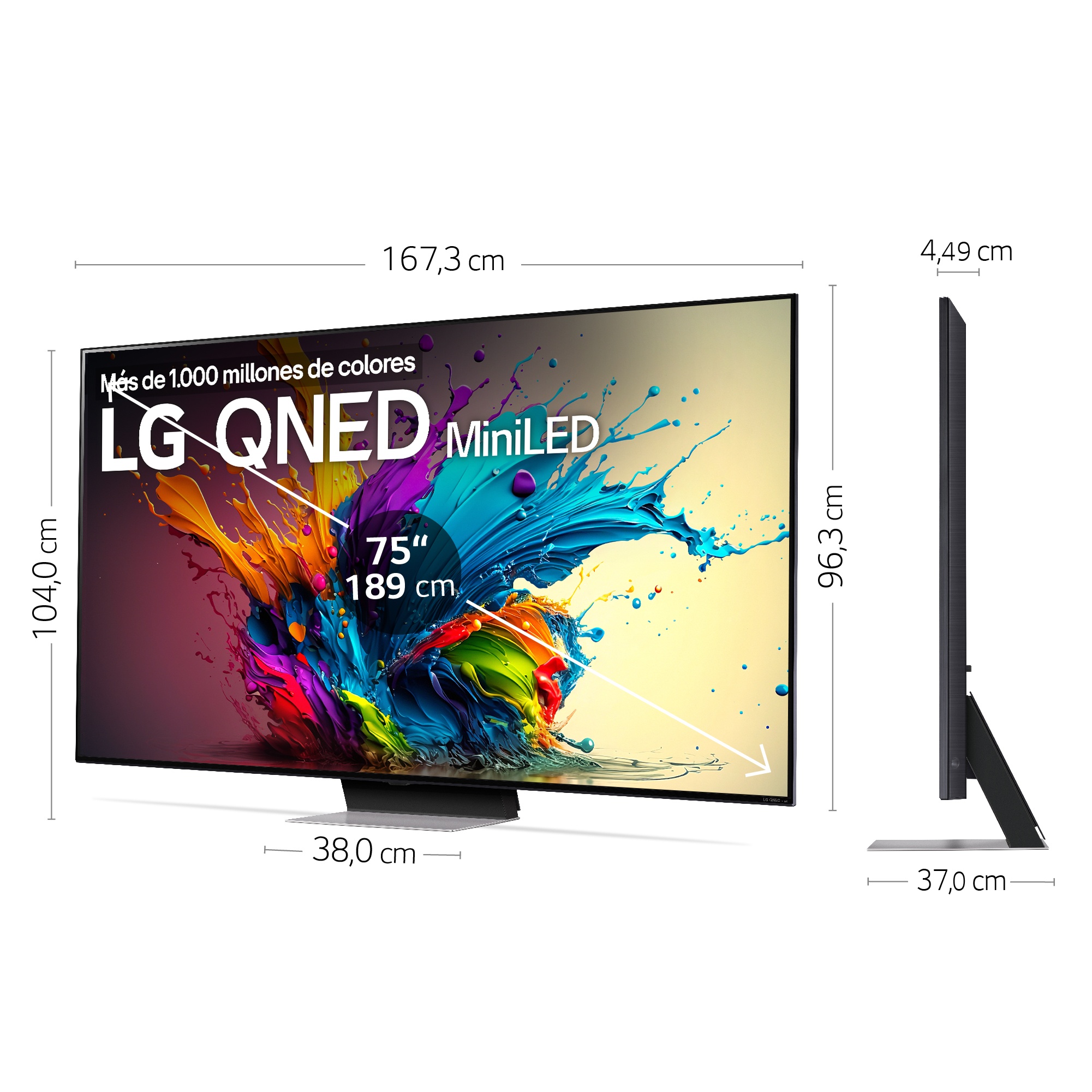 Un gran televisor LG QNED MiniLED con dimensiones mostradas, mostrando arte abstracto colorido.