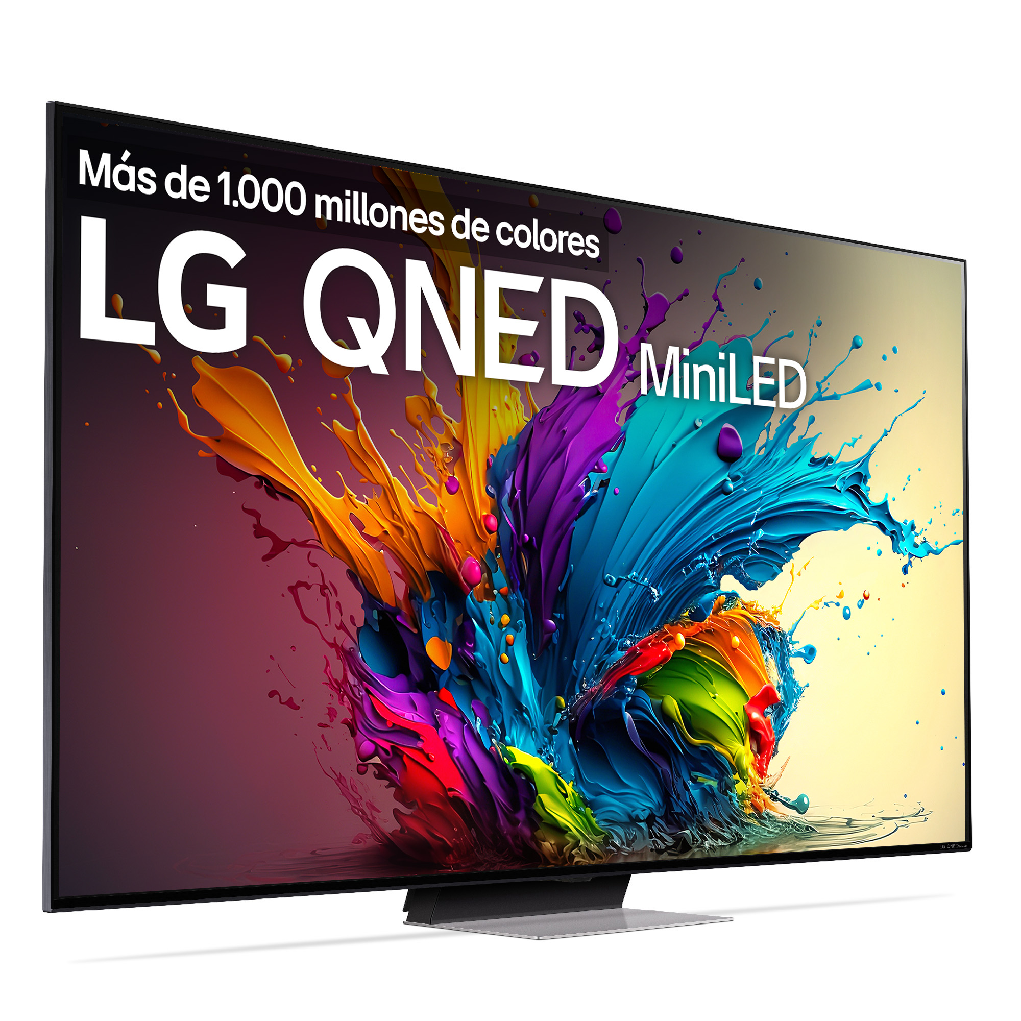 Una pantalla de TV muestra arte de salpicaduras colorido. El televisor tiene un diseño elegante y un soporte.