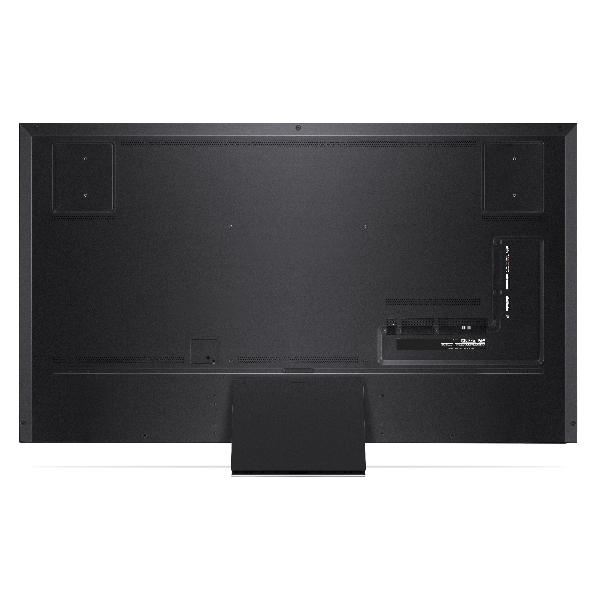 Panel trasero de TV negro grande, con varios puertos y soporte.