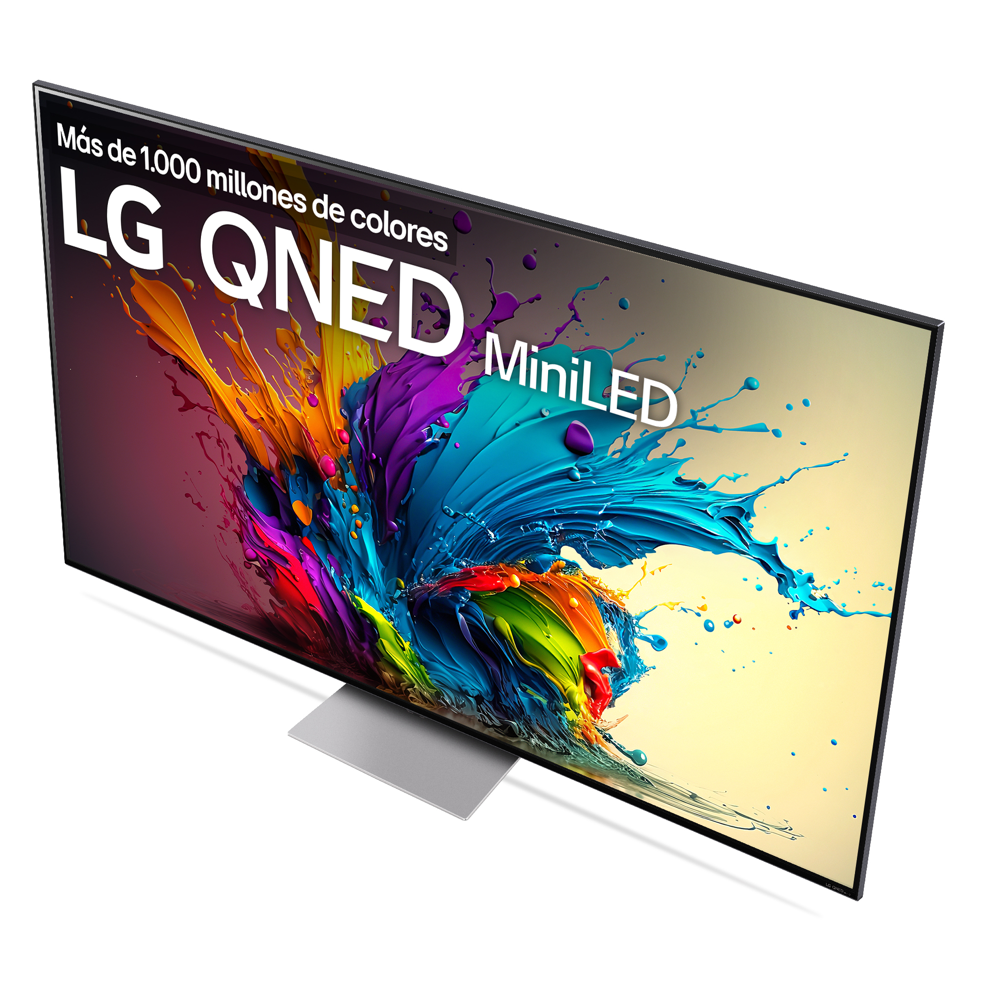 Un televisor en ángulo de arriba hacia abajo, con arte abstracto colorido. El texto dice "LG QNED MiniLED".