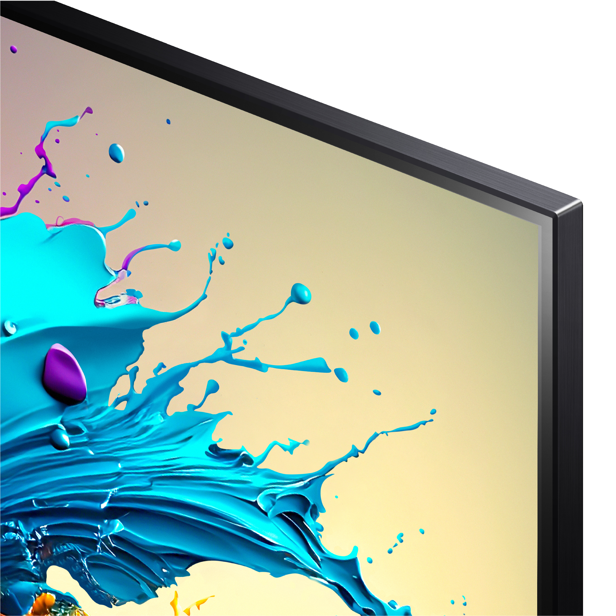 Primer plano de una pantalla de TV que muestra arte de salpicaduras azul y morado sobre un fondo amarillo.