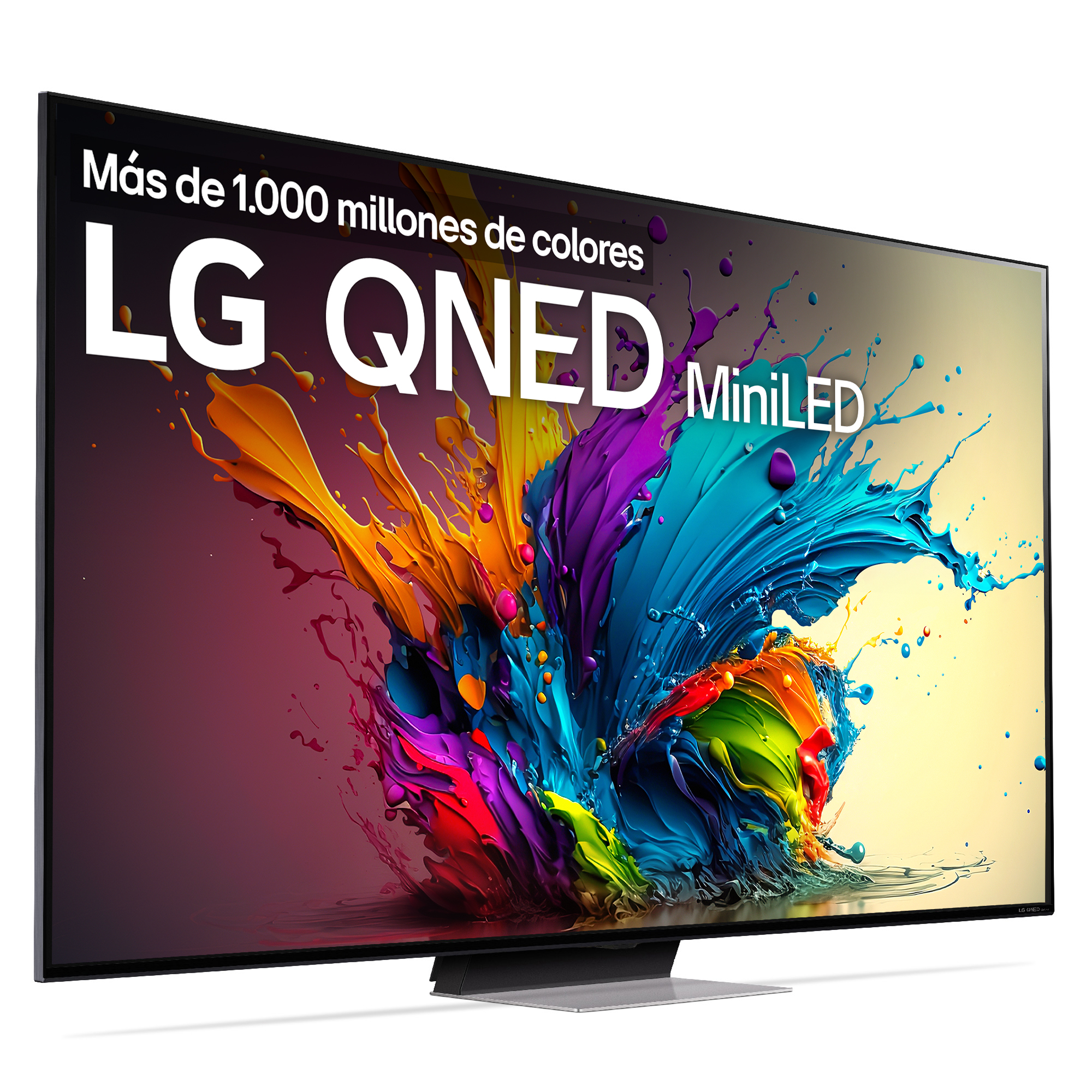 Una pantalla de TV muestra arte de salpicaduras colorido. El televisor tiene un diseño elegante y un soporte.
