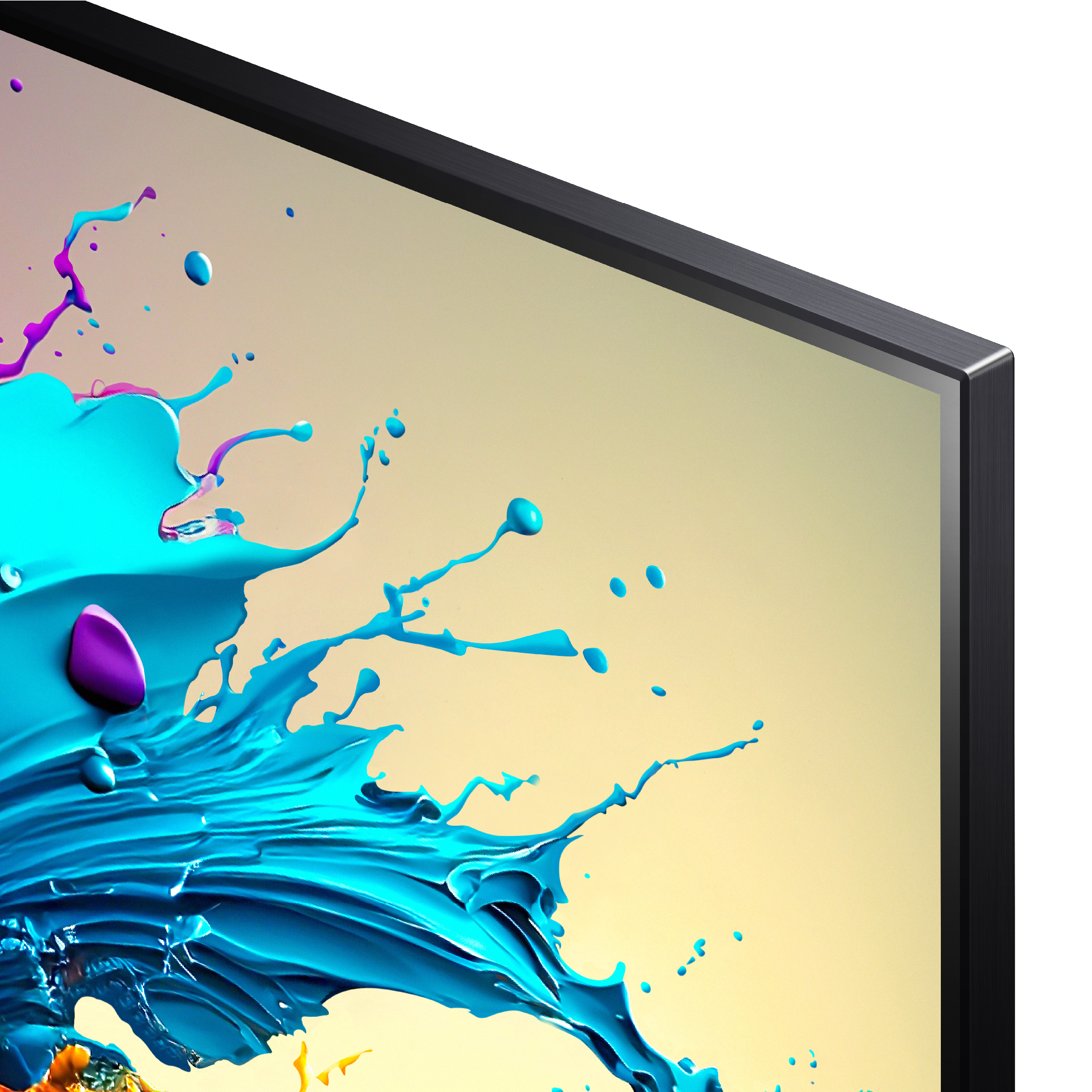 Esquina de una pantalla de TV que muestra salpicaduras de pintura azul y morada sobre un fondo amarillo.