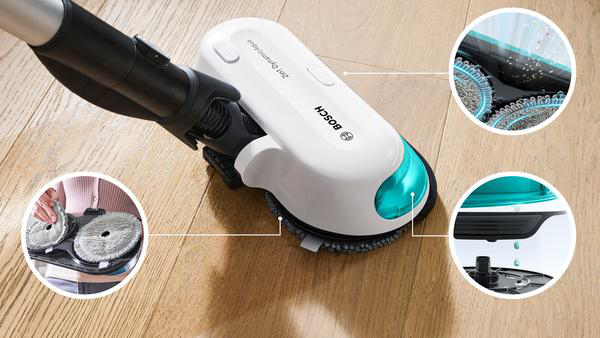 Bosch 2-in-1 DynamoAqua Staubsauger mit Nahaufnahmen-Details.