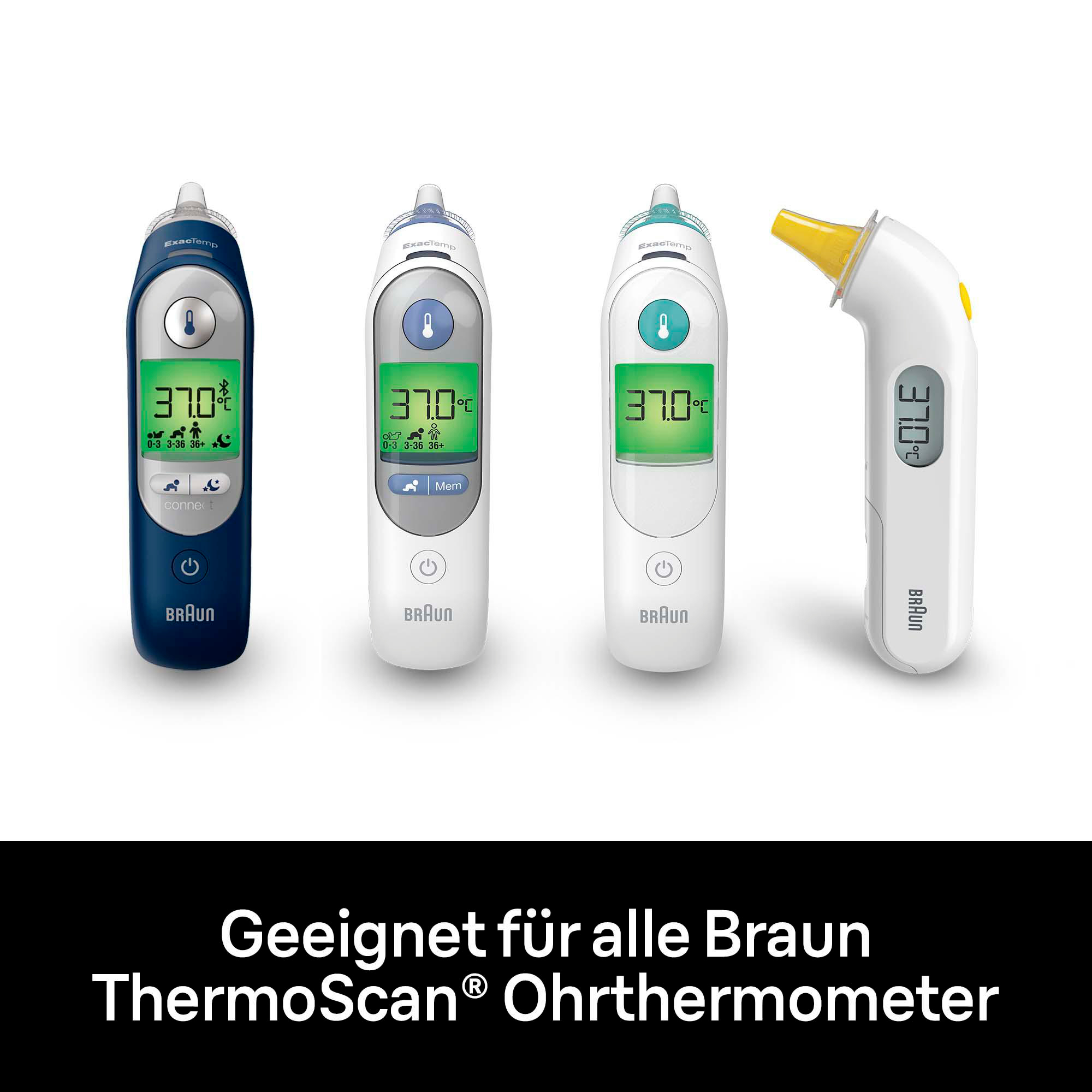 Vier digitale Thermometer. Drei zeigen eine Temperatur von 37,0 °C. Weißer Hintergrund mit Text.