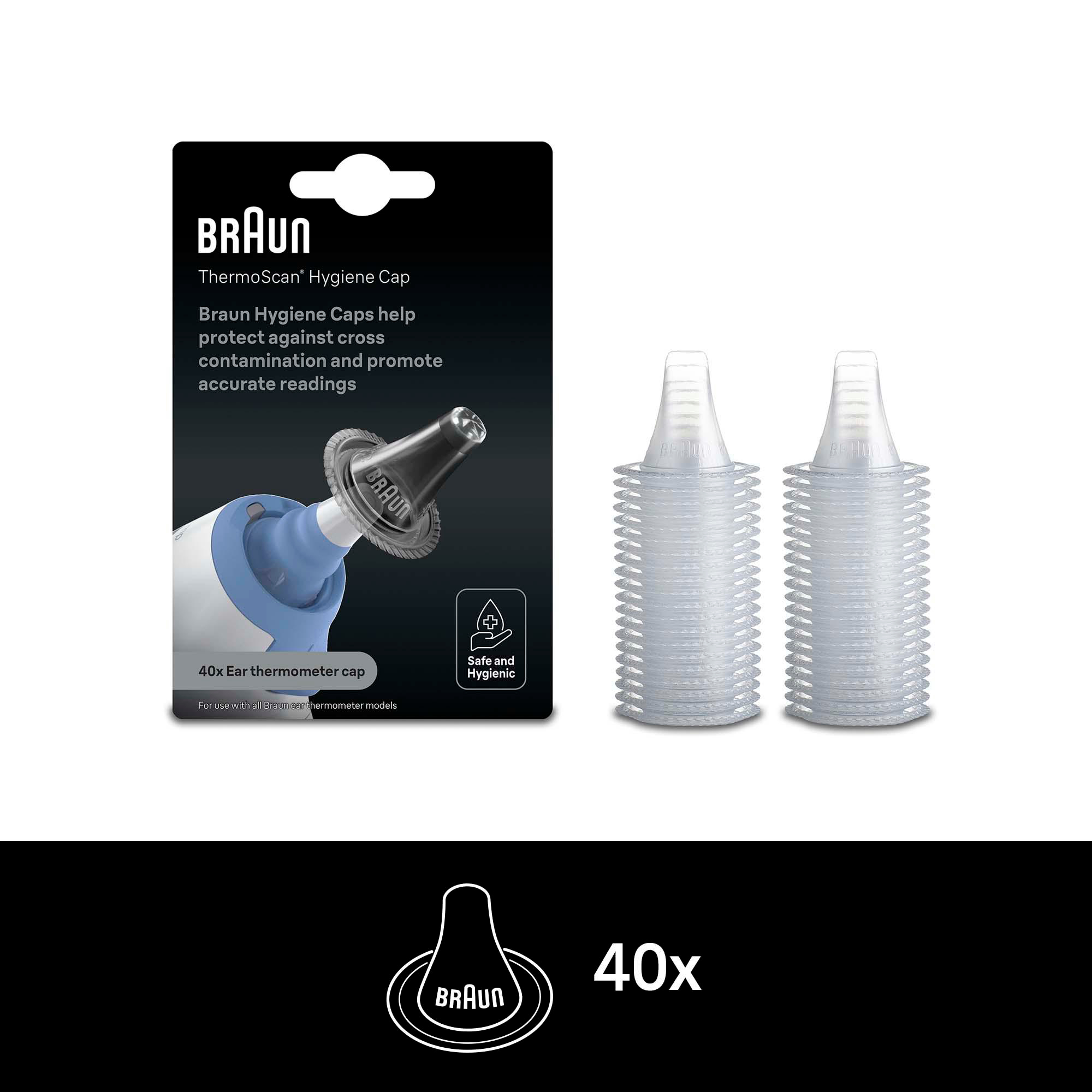 Braun ThermoScan Hygiene-Kappen-Verpackung. Zeigt Kappen und ein Ohrthermometer. Text auf Englisch.