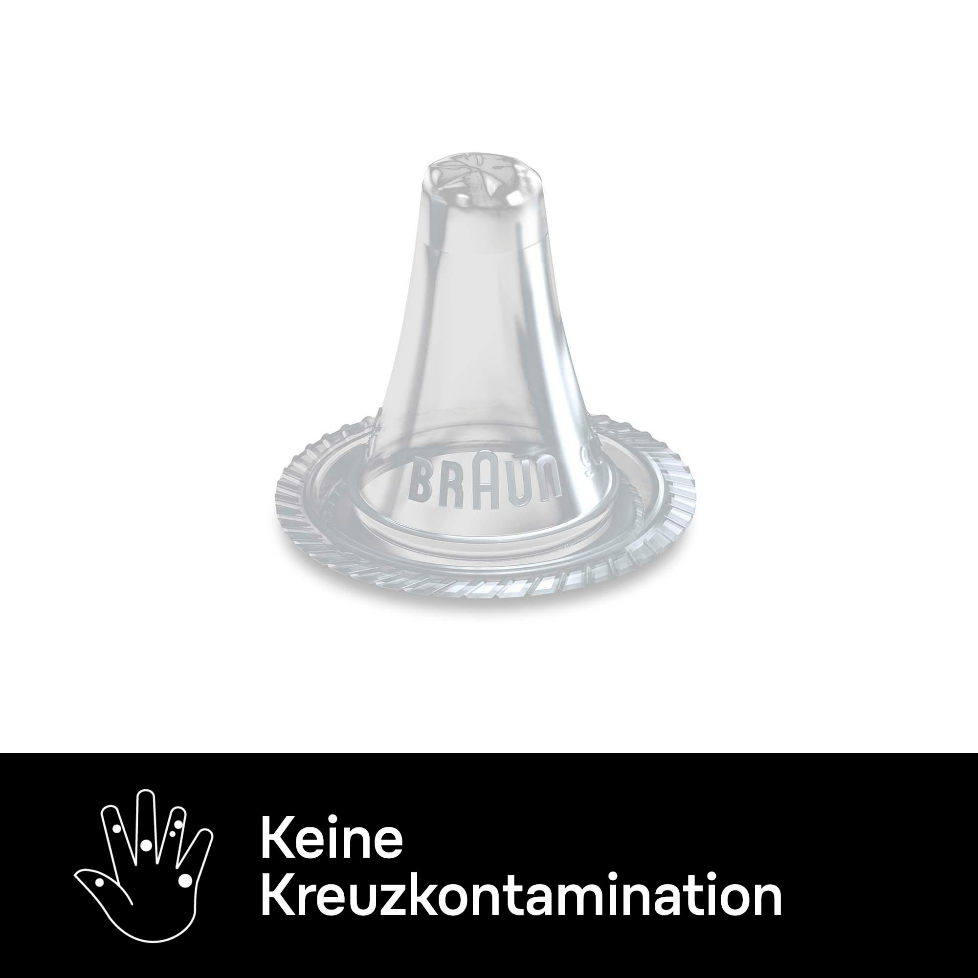 Ein klarer Braun Thermometerspitze mit dem Wort BRAUN und einem Symbol für keine Kreuzkontamination.