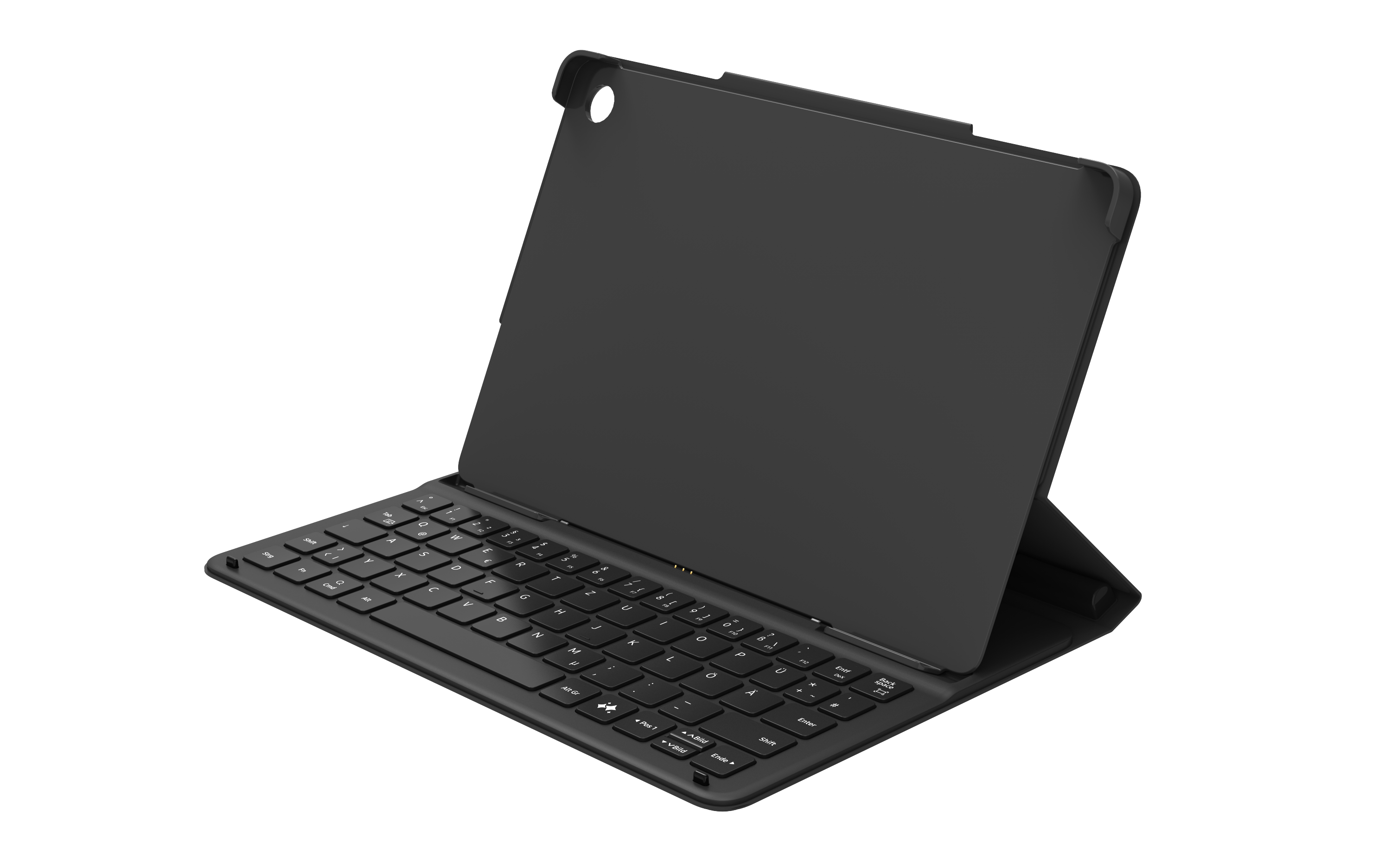 Schwarzes Tablet- und Tastaturgehäuse, geöffnet.