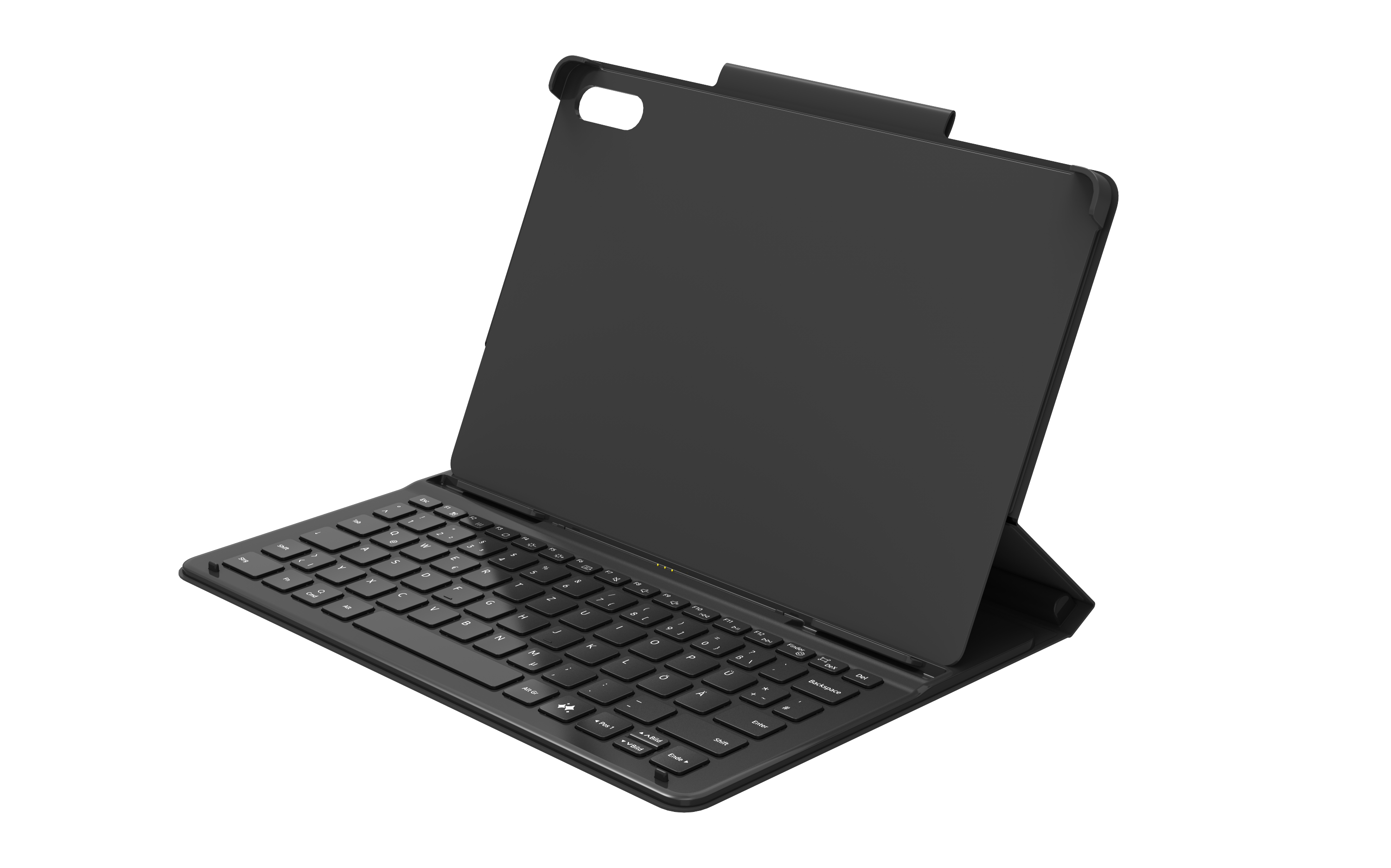 Schwarzes Tablet- und Tastaturgehäuse, geöffnet.