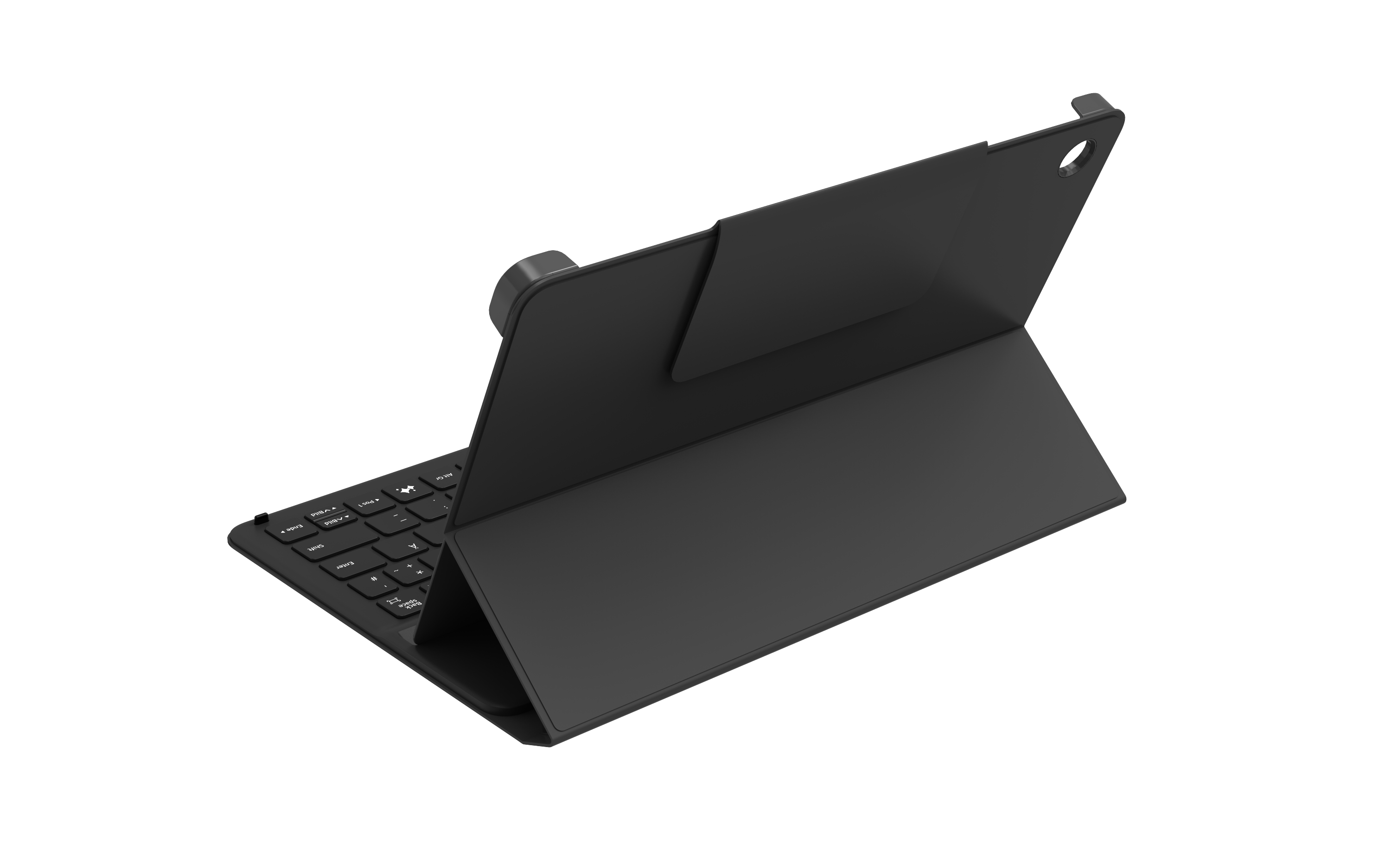 Ein schwarzes Tablet mit Tastaturhülle. Die Hülle steht und zeigt die Tastatur.