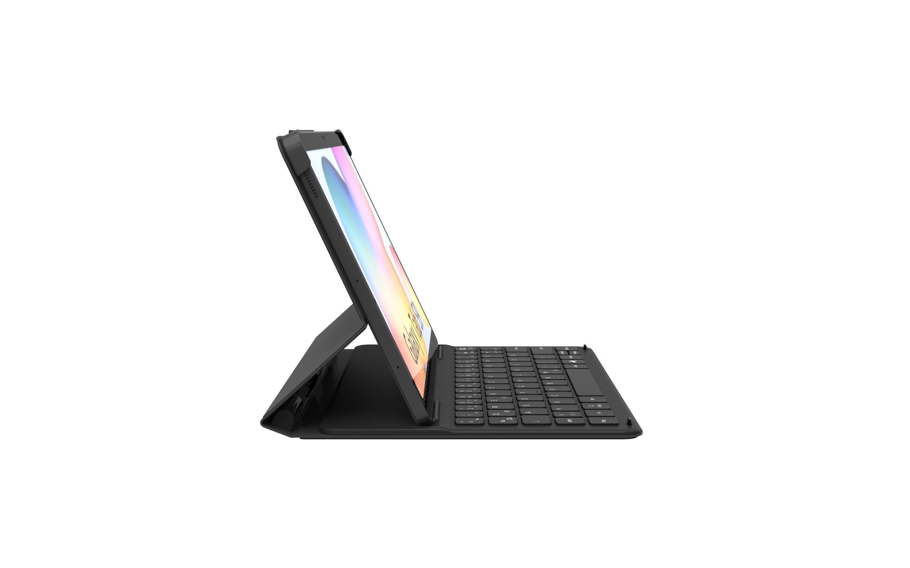 Ein schwarzes Tablet mit einer Tastaturhülle. Das Tablet ist aufgestellt und zeigt einen farbenfrohen Bildschirm.
