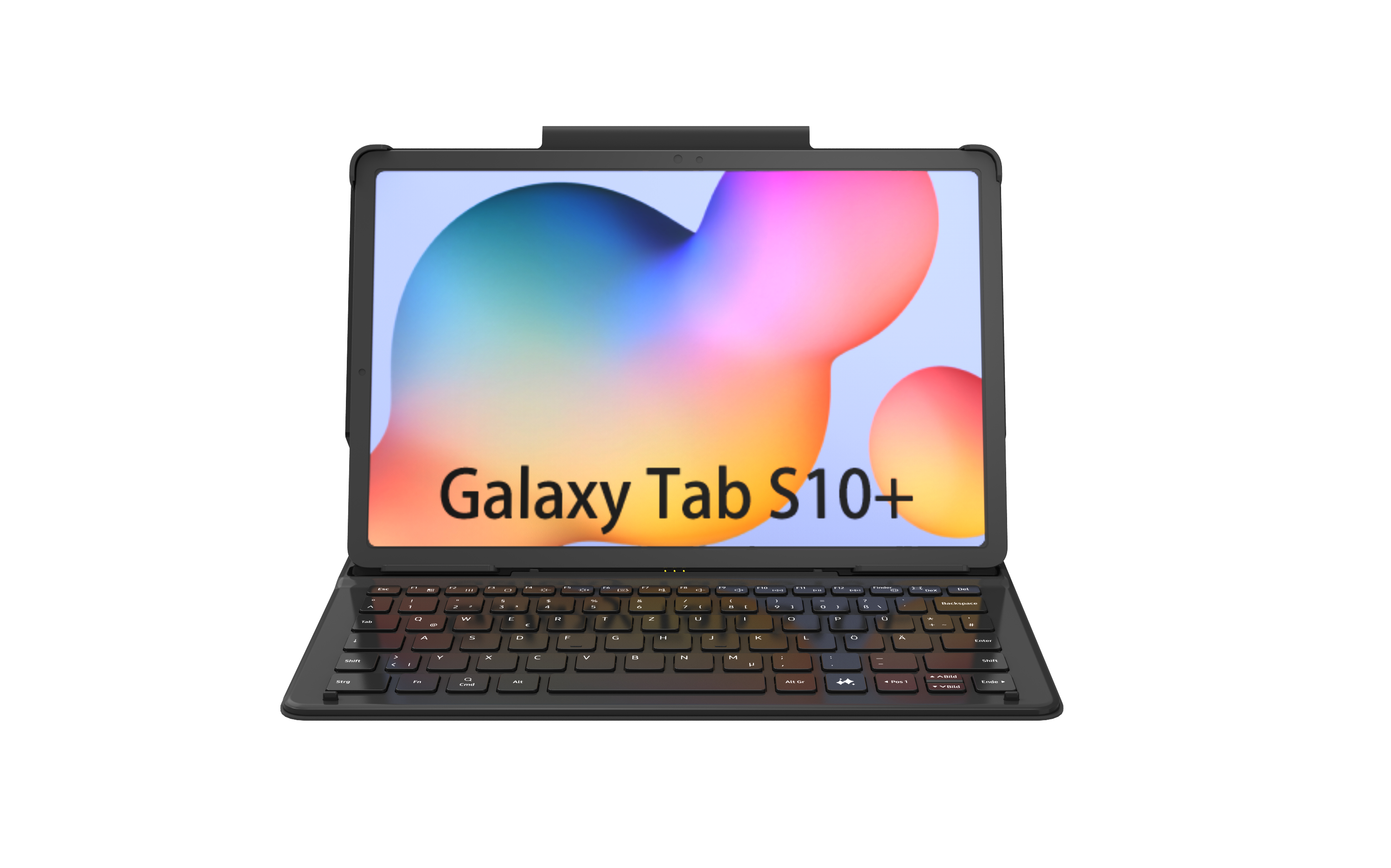 Ein Tablet mit angeschlossener Tastatur, das Text auf dem Bildschirm zeigt.