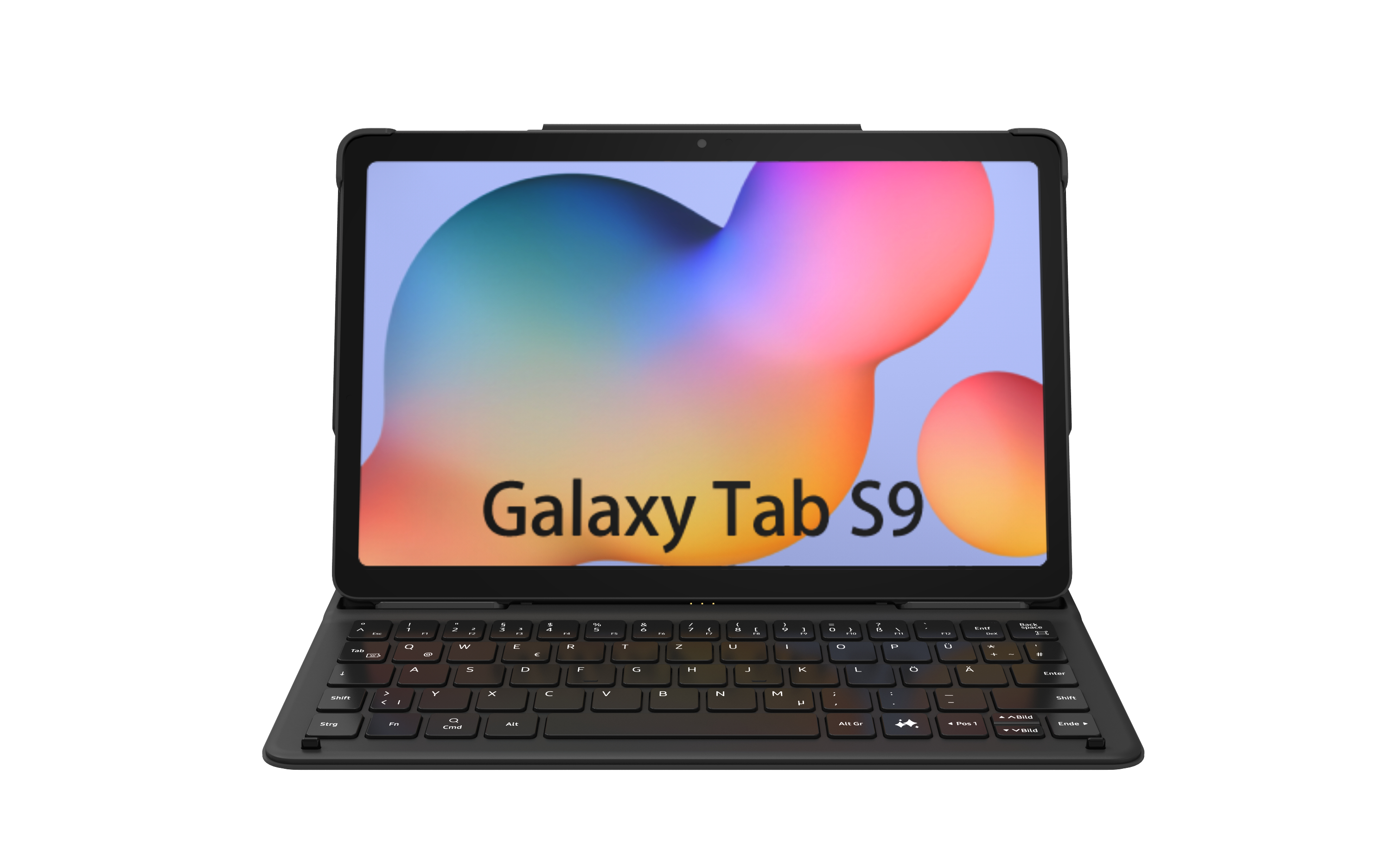 Ein Galaxy Tab S9 Tablet mit Tastaturhülle, Vorderansicht, schwarz.