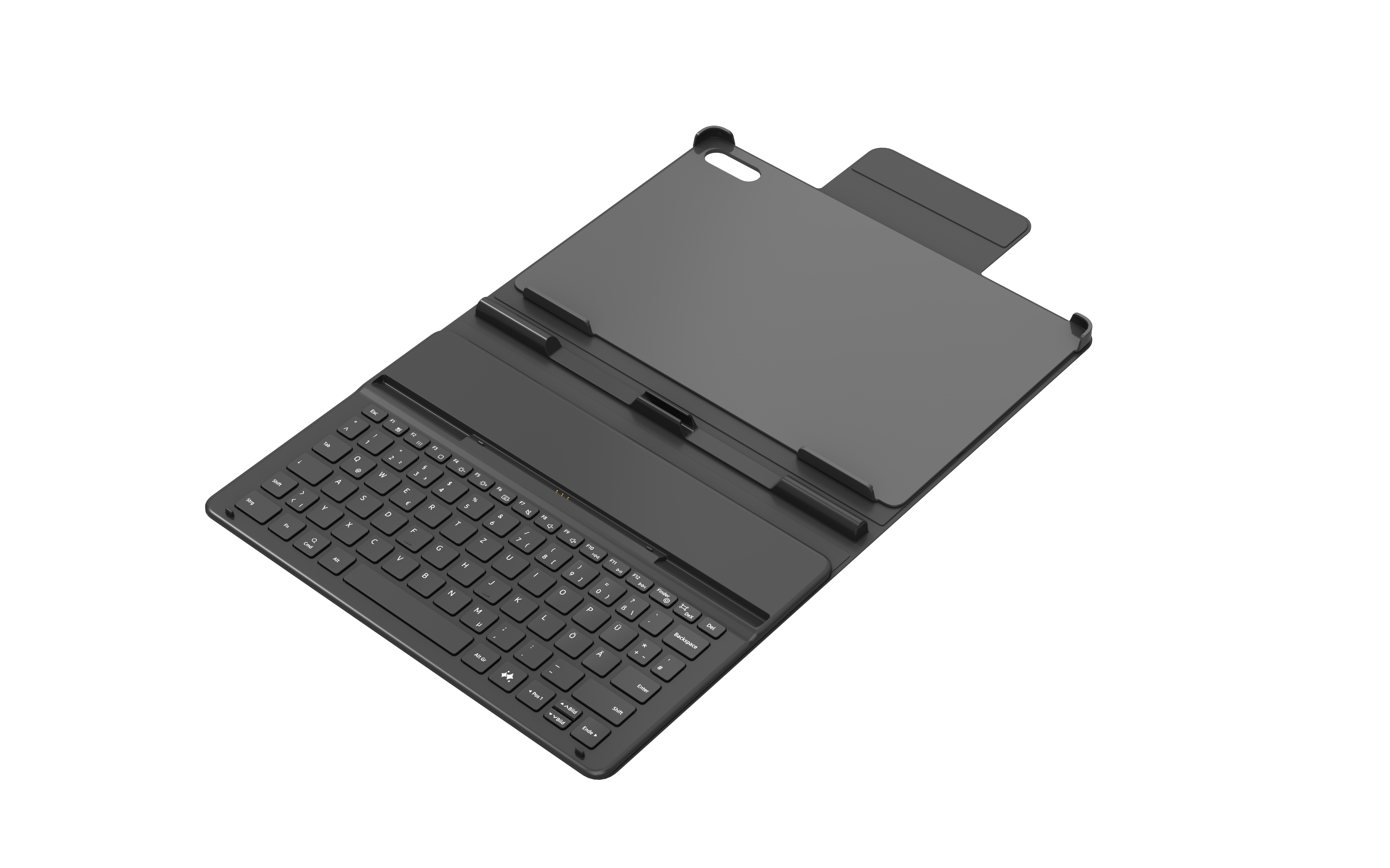 Schwarzes Tablet- und Tastaturgehäuse, geöffnet.