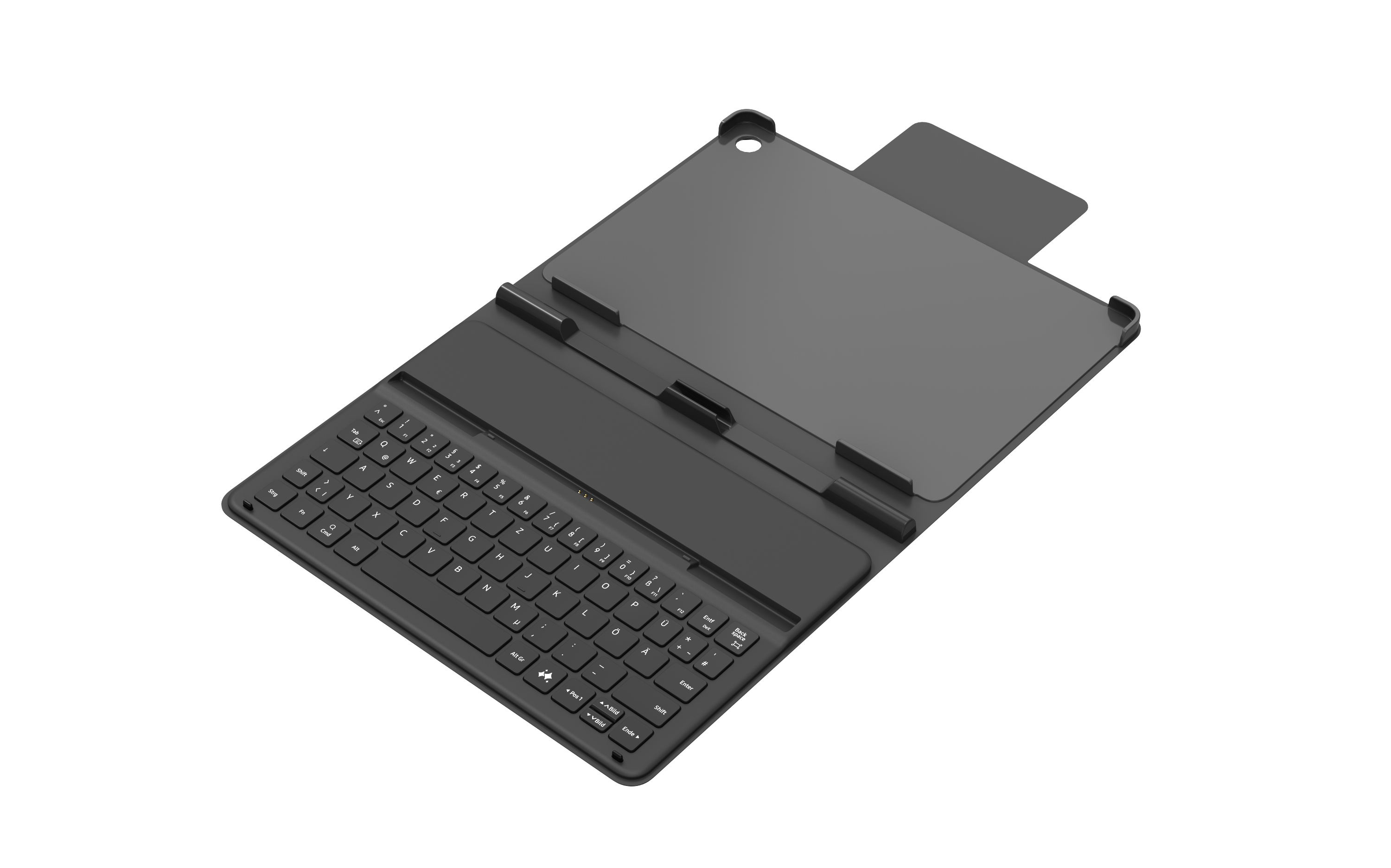 Schwarzes Tablet- und Tastaturgehäuse, geschlossen.