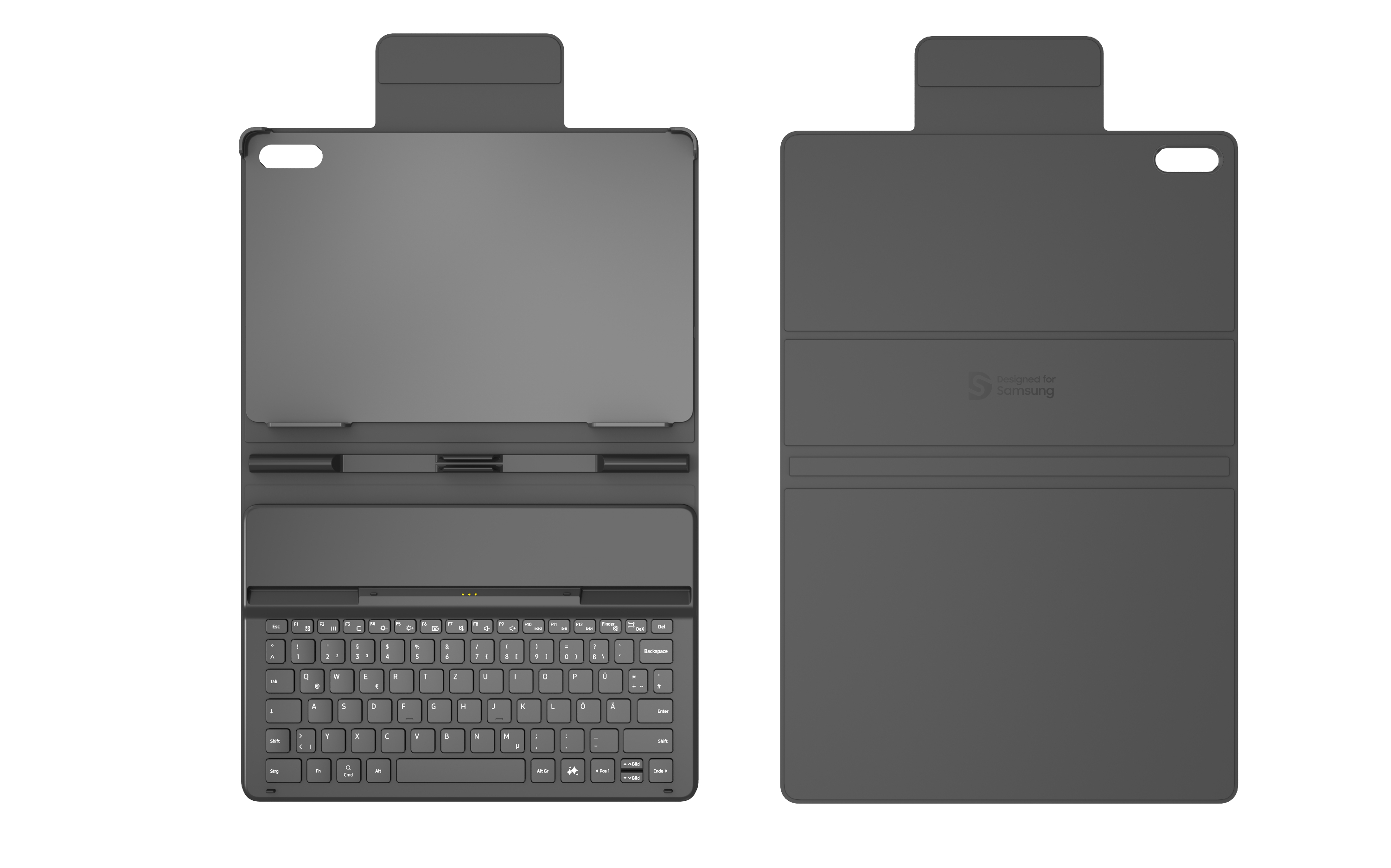 Schwarzes Tablet- und Tastaturgehäuse, geschlossen.