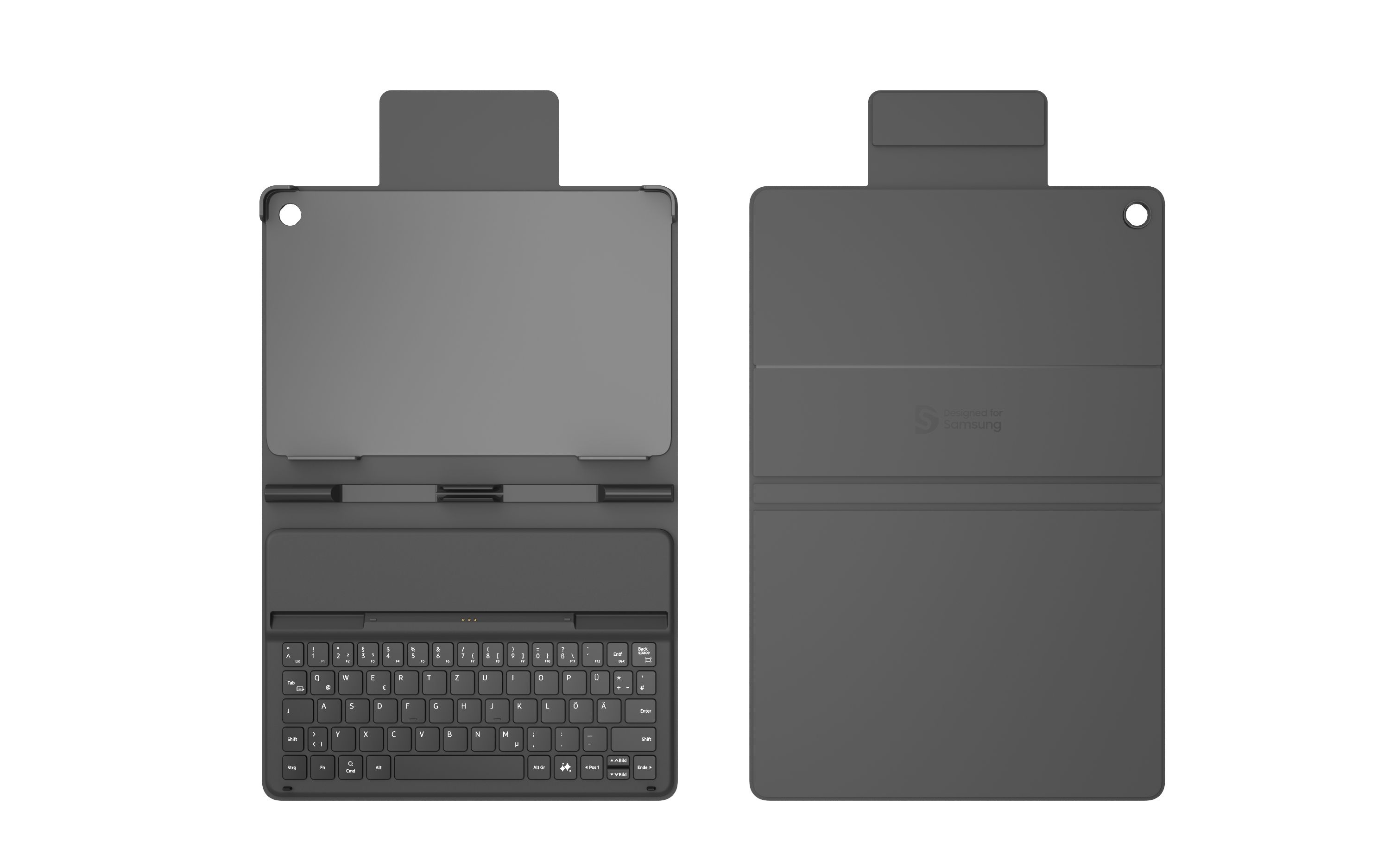 Schwarzes Tablet- und Tastaturgehäuse, geschlossen.