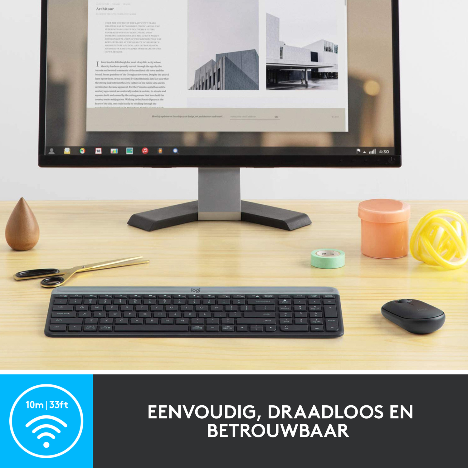 Keyboard, mouse, and monitor on a wooden desk, with objects.