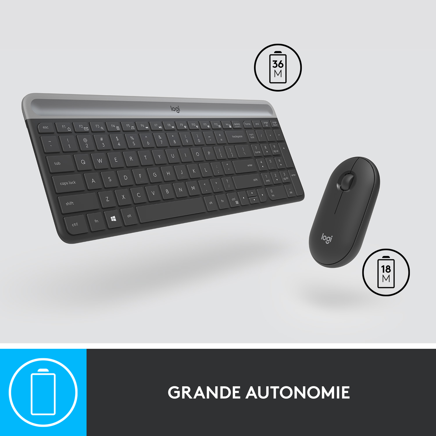 Clavier et souris avec icônes de durée de vie de la batterie, sur une surface blanche.