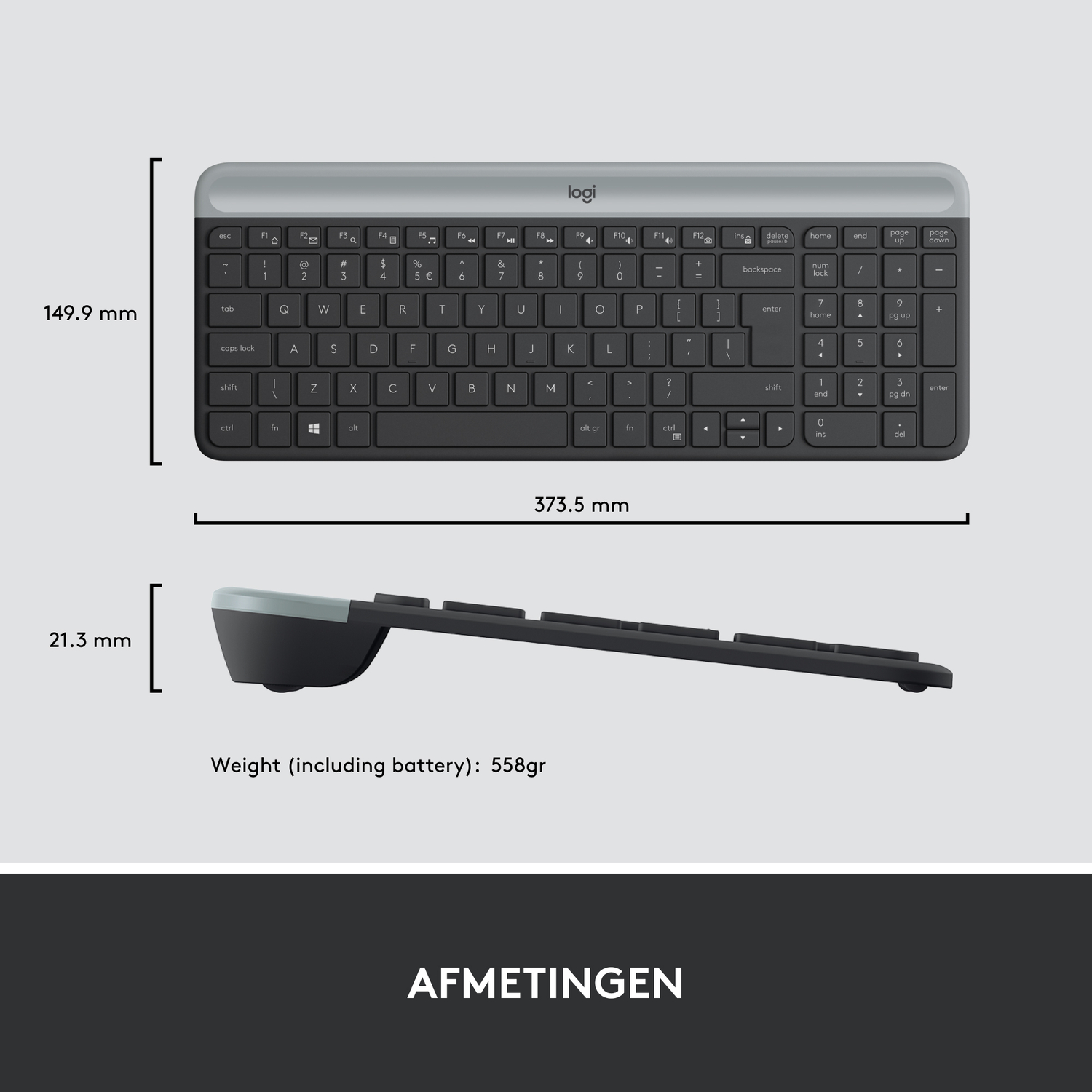 Keyboard dimensions shown: 149.9 mm x 373.5 mm x 21.3 mm, 558gr weight.
