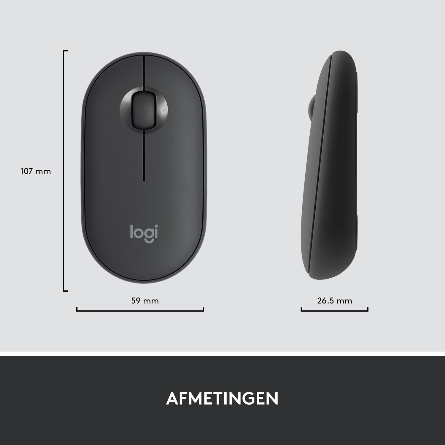 Mouse dimensions shown: 107 mm x 59 mm x 26.5 mm.