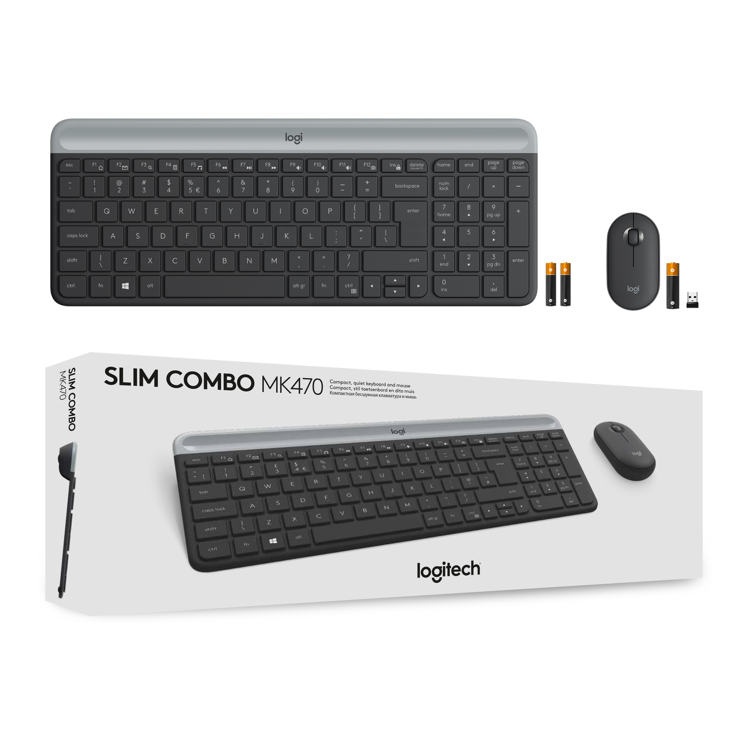 Keyboard and mouse combo. Keyboard is black and silver. Mouse is black. Both are in the box.