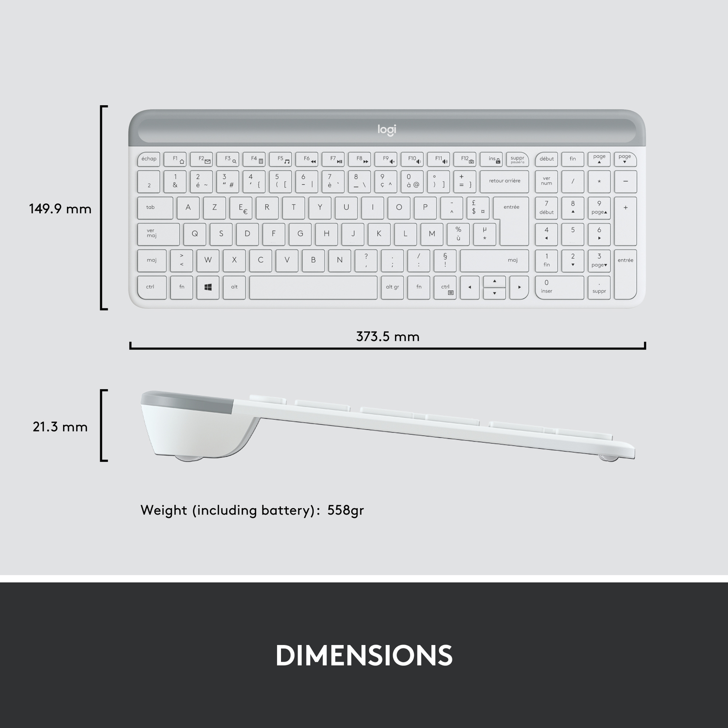 Un clavier blanc avec des dimensions et une vue latérale, fond noir.