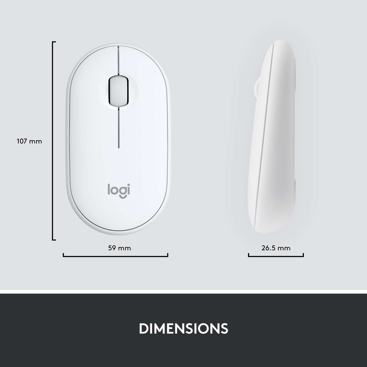 Souris d'ordinateur blanche avec dimensions étiquetées. Vues de dessus et de côté sur fond gris clair.