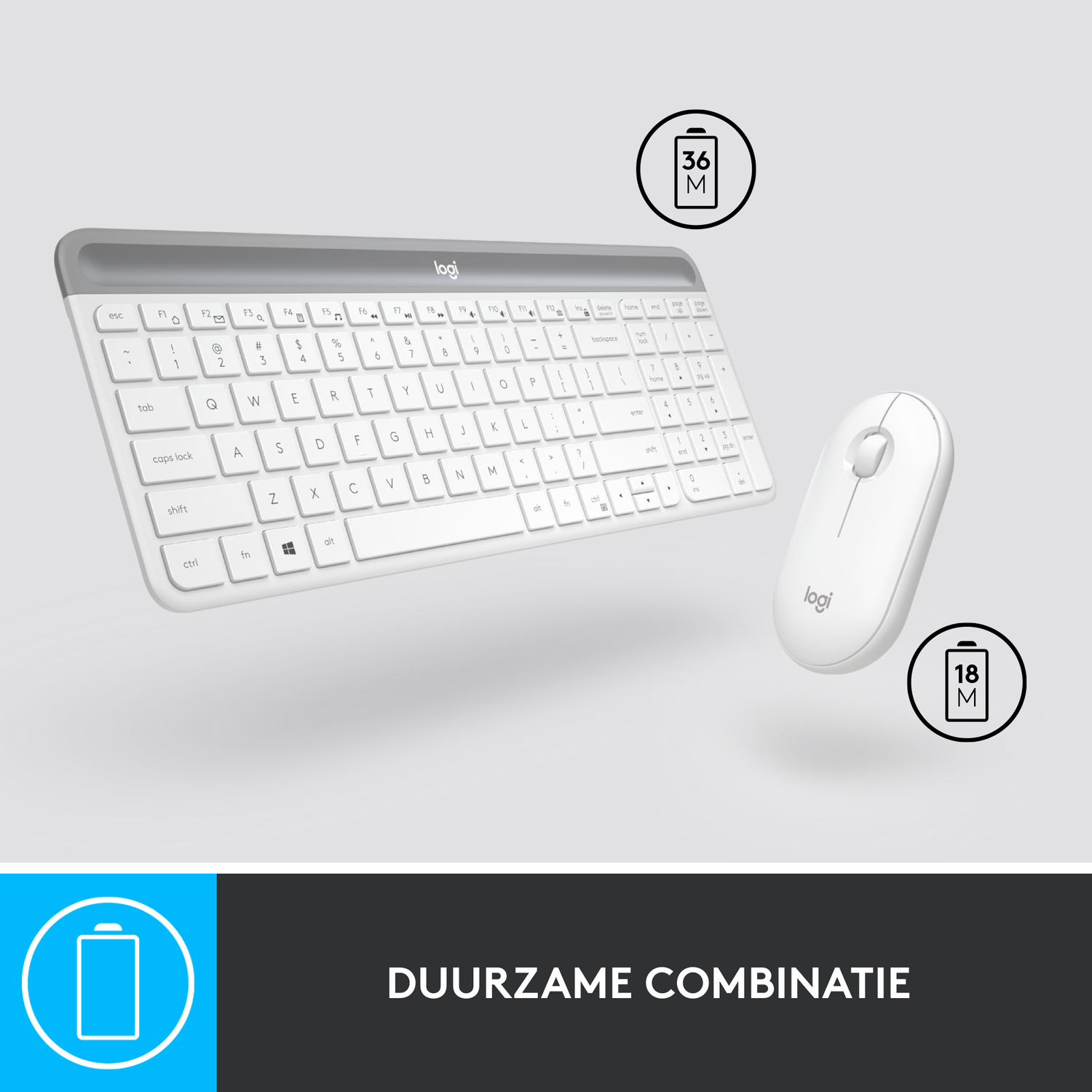 A white keyboard and mouse with battery life indicators on the side. 