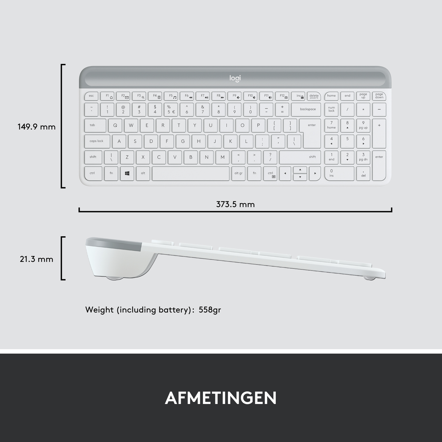 A white keyboard with dimensions, 373.5 mm wide, 149.9 mm high, and 21.3 mm thick.