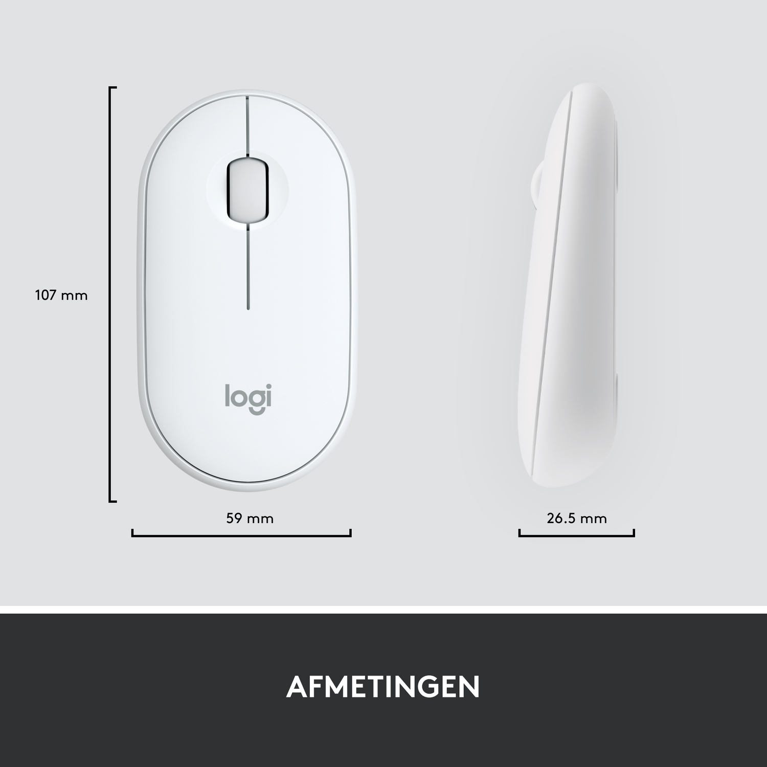 White computer mouse, top and side views, with dimensions, and logo.