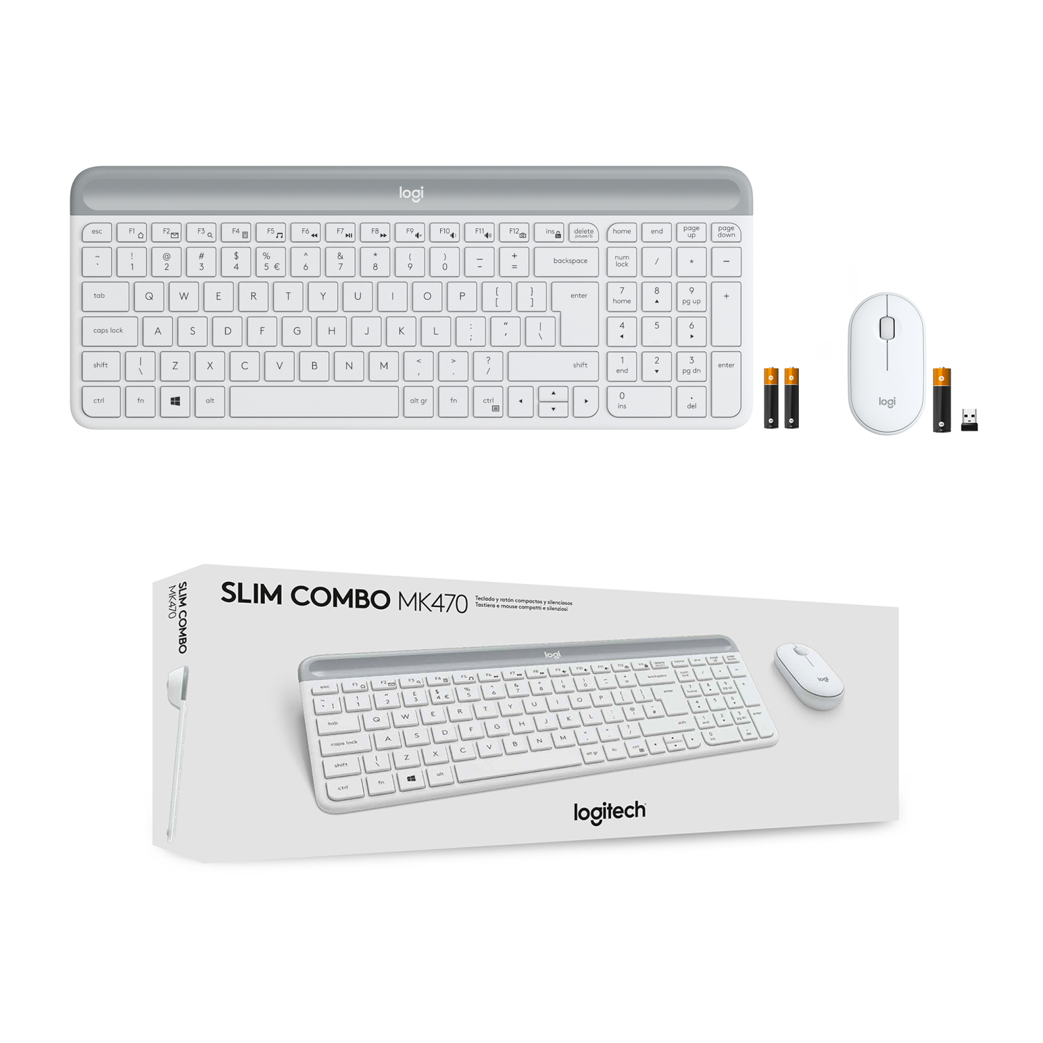 A white keyboard and mouse with two batteries and a box. The box shows the keyboard and mouse.