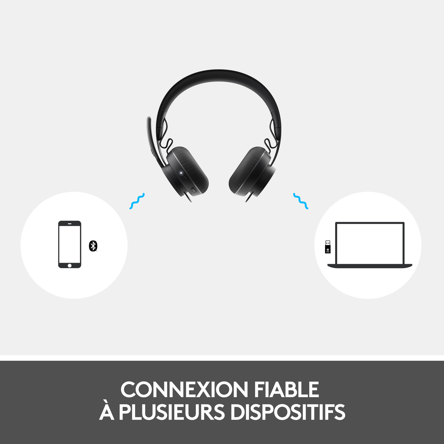 Casque avec symboles Bluetooth sur téléphone et ordinateur portable. Texte: Connexion fiable à plusieurs appareils.