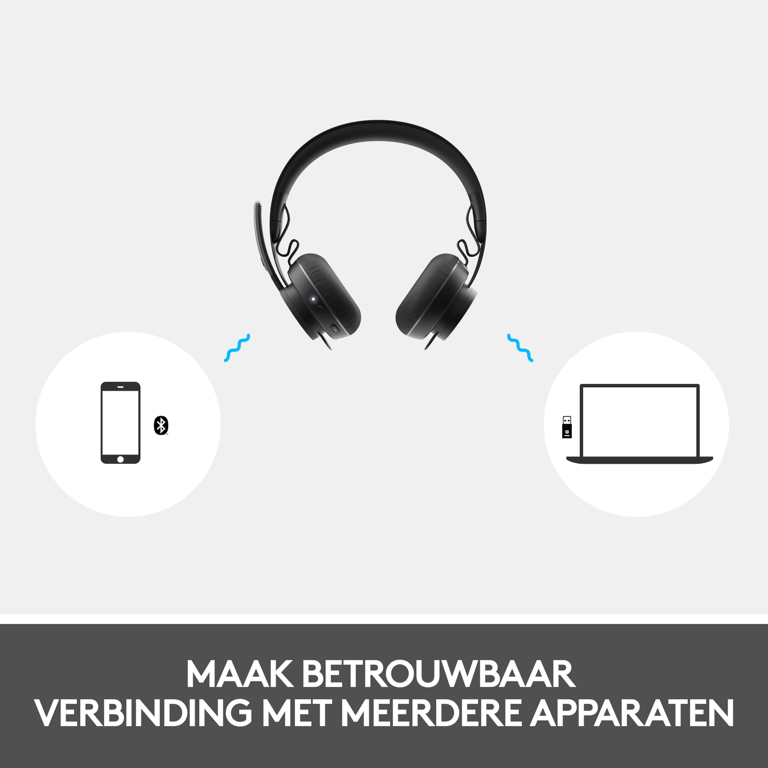 Headset with Bluetooth symbols on a phone and a laptop. Text: Make reliable connection with multiple devices.