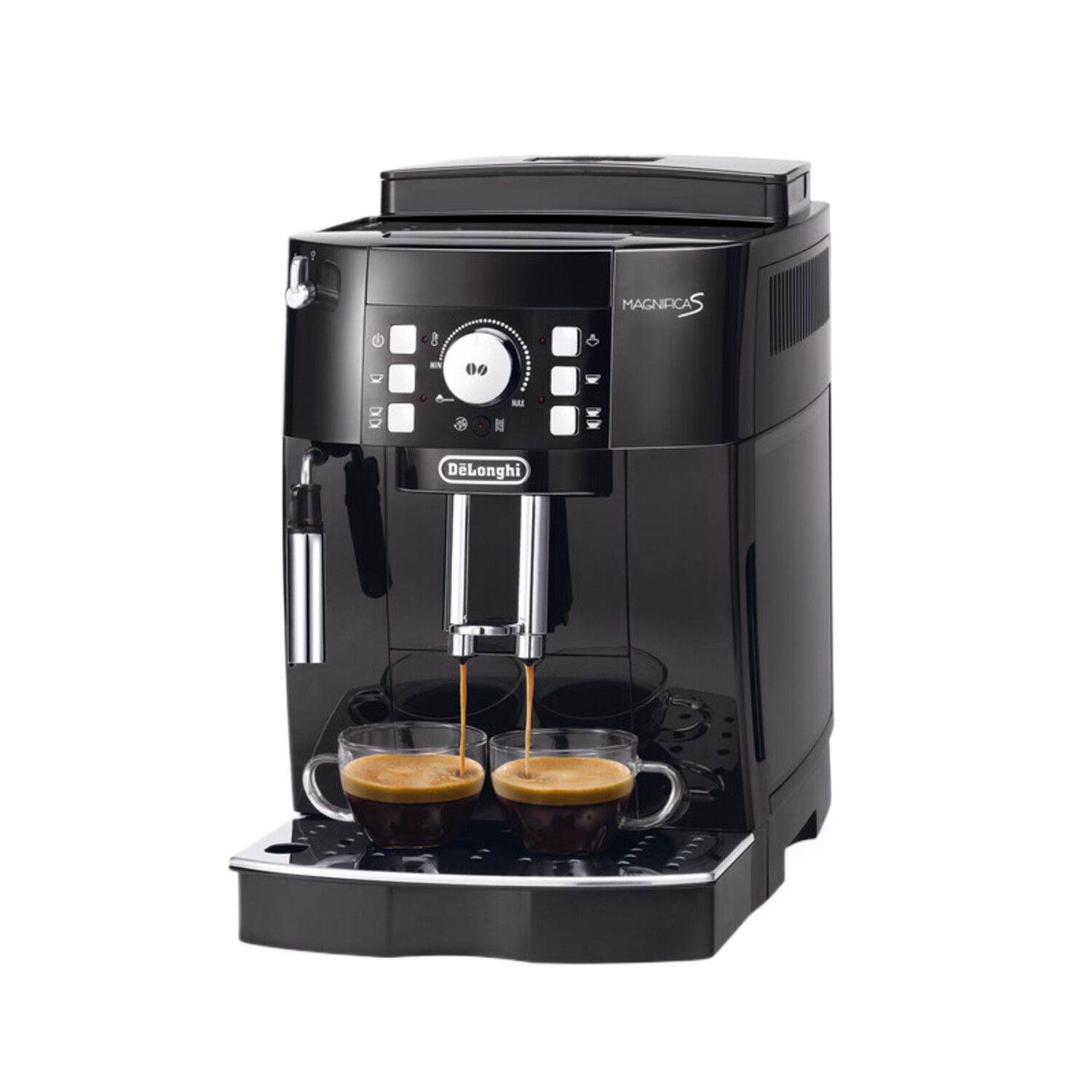 Machine à café DeLonghi noire avec deux tasses de café servies.