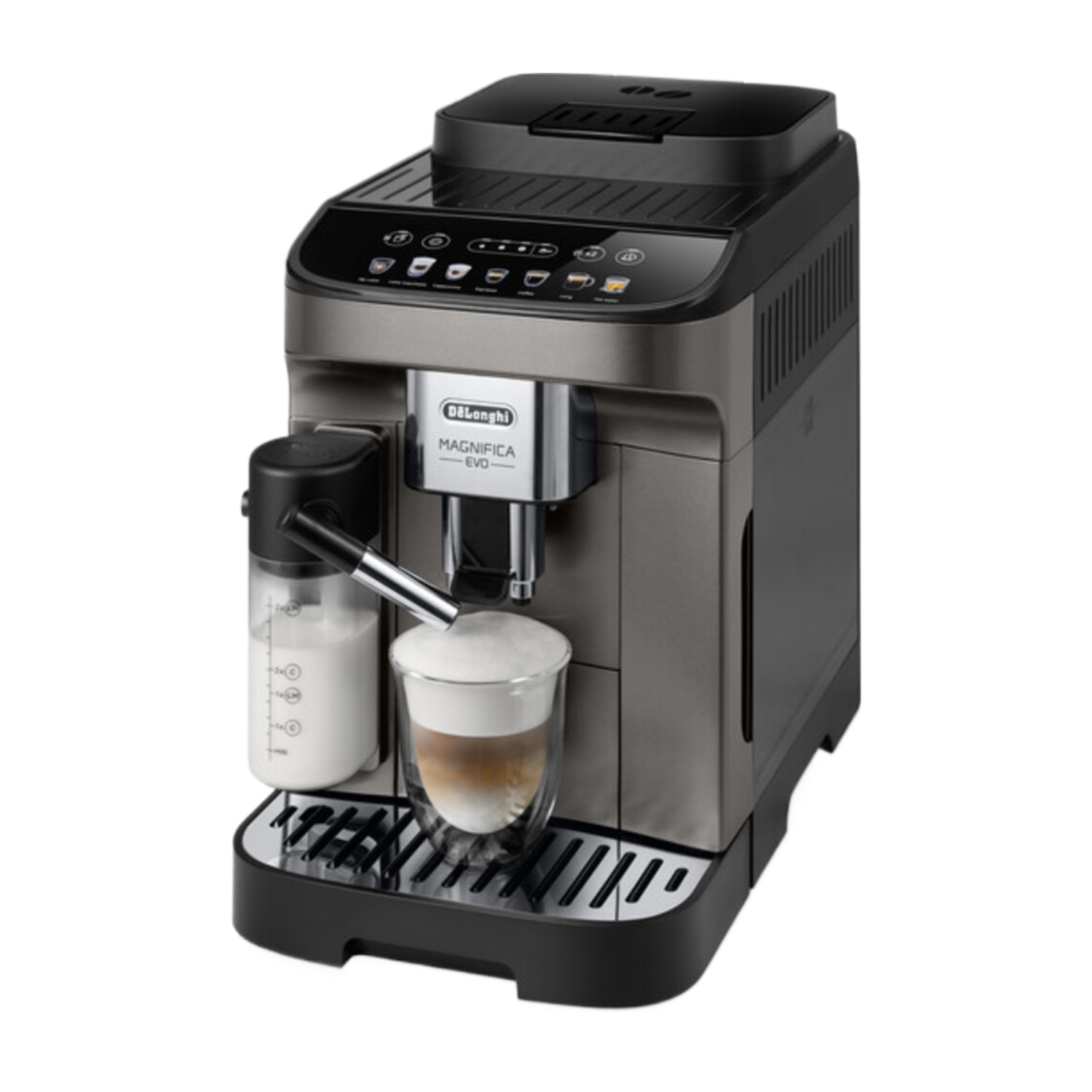 Espresso machine with a cappuccino in a glass. Text: DeLonghi Magnifica EVO.