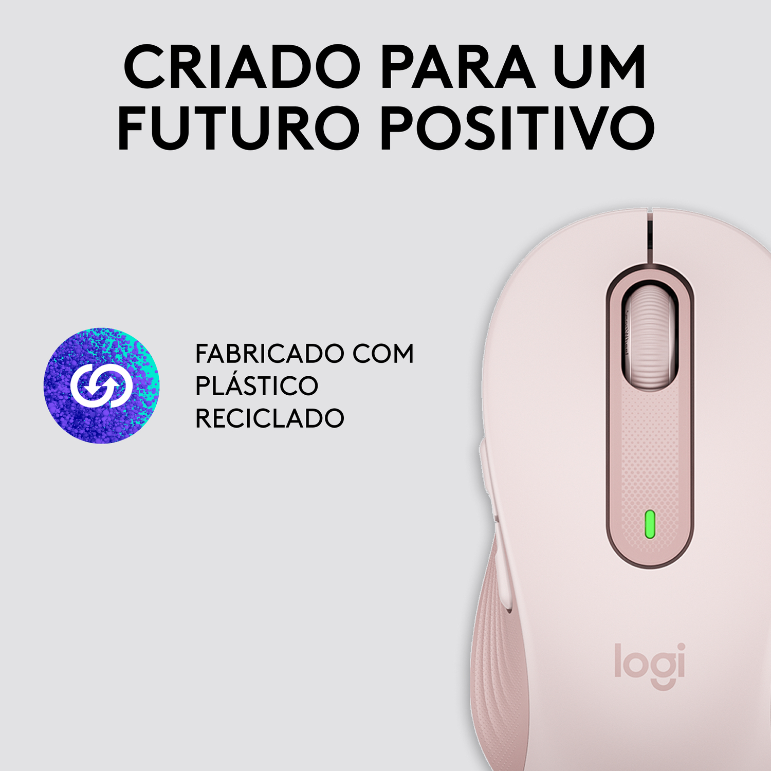 A pink Logitech mouse, made with recycled plastic, with logo and the text 'Made for a Positive Future'.