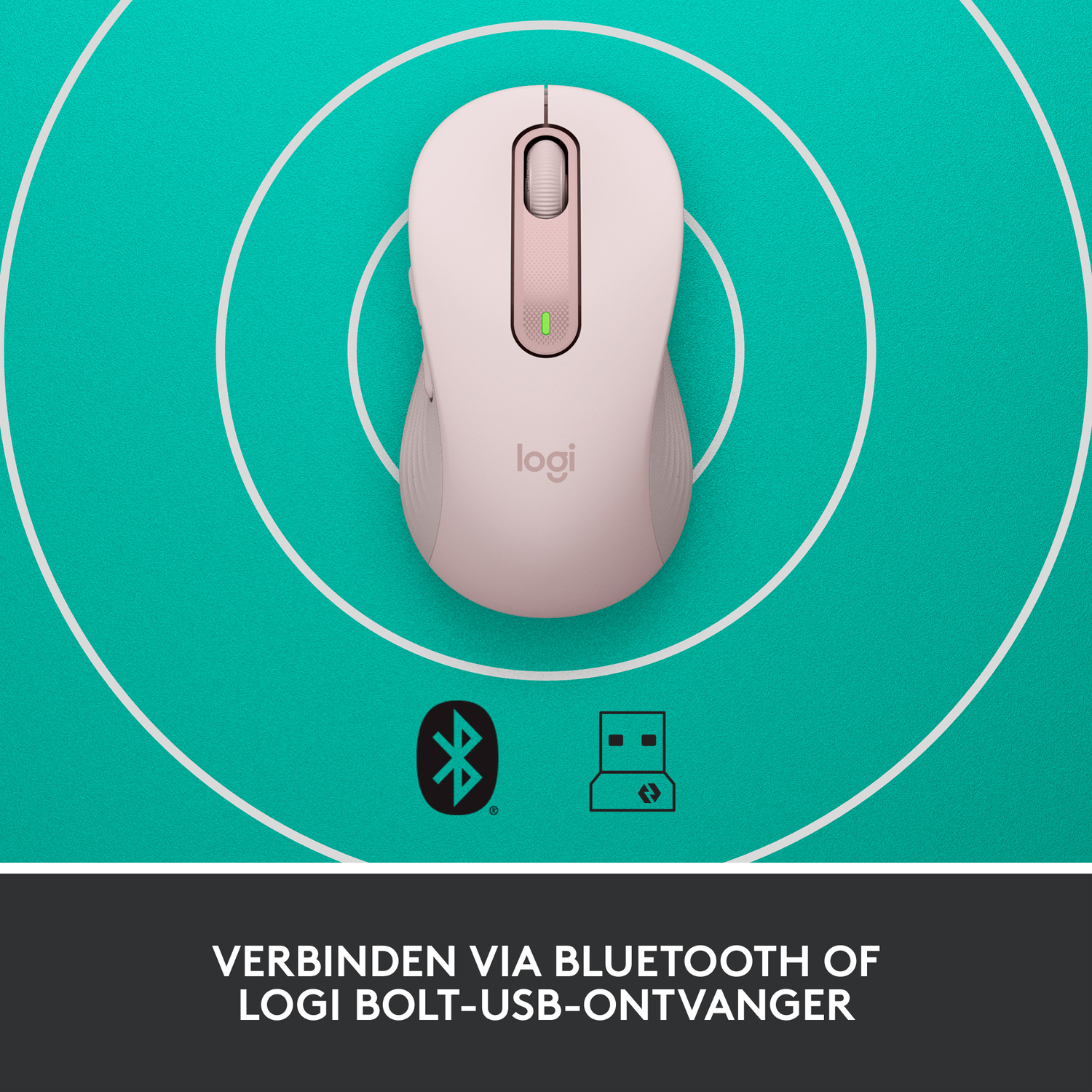 Pink mouse with Bluetooth and USB receiver icons.  Features connection via Bluetooth or Logitech Bolt.