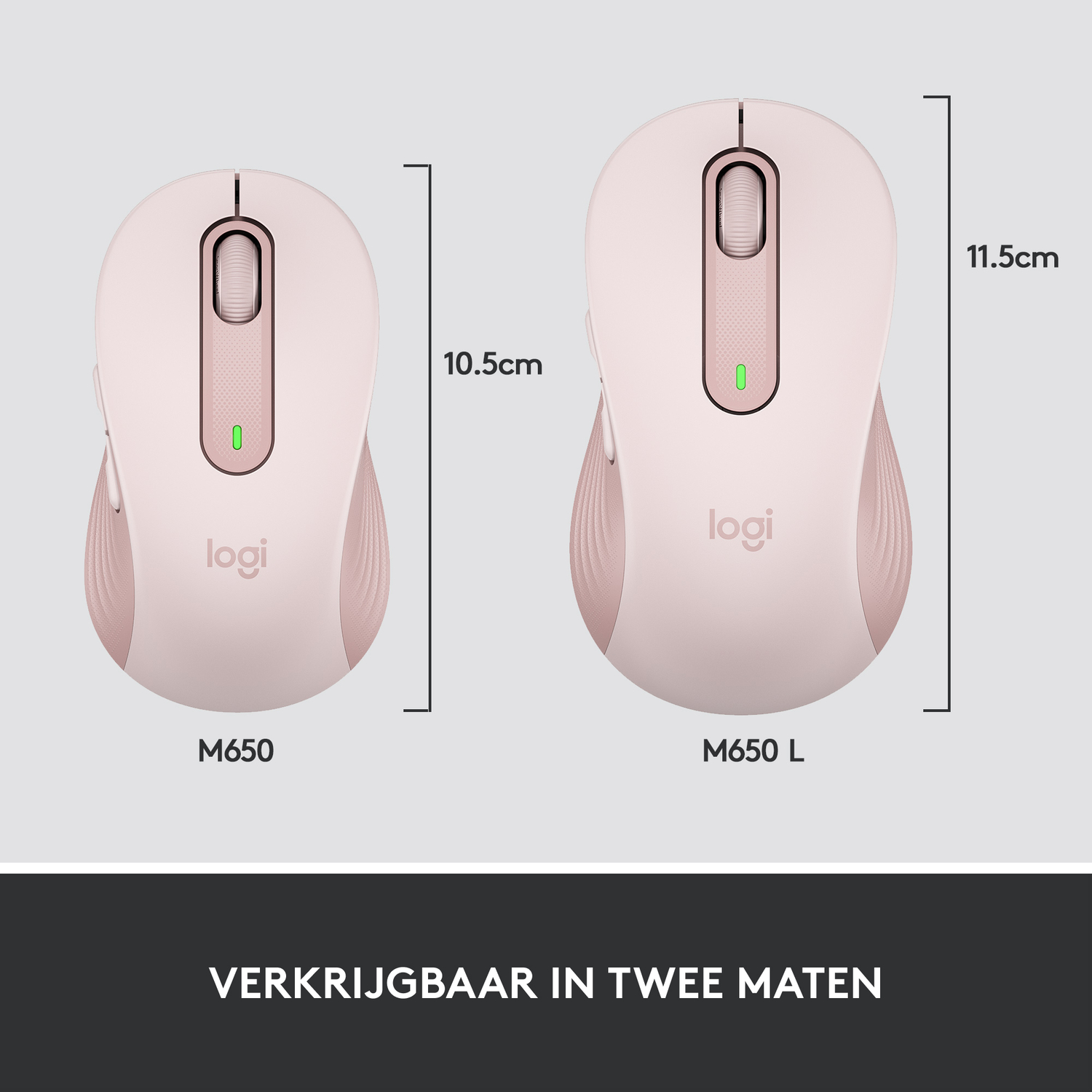 Two pink Logitech mice: M650 and M650 L, with size measurements.