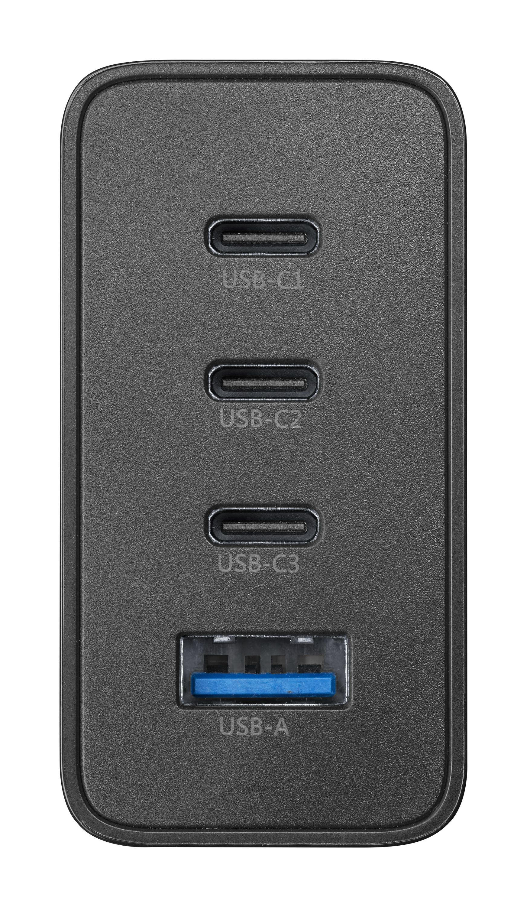 Üç USB-C bağlantı noktasına ve bir USB-A bağlantı noktasına sahip siyah bir USB-C güç adaptörü.