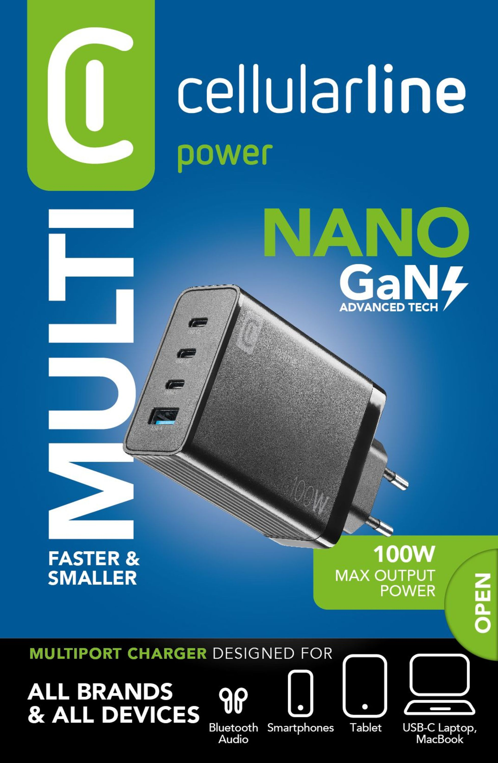 Mavi arka plan üzerinde siyah çoklu bağlantı noktalı şarj cihazı. Metin: Multi, Cellularline power, Nano GaN, 100W çıkış.