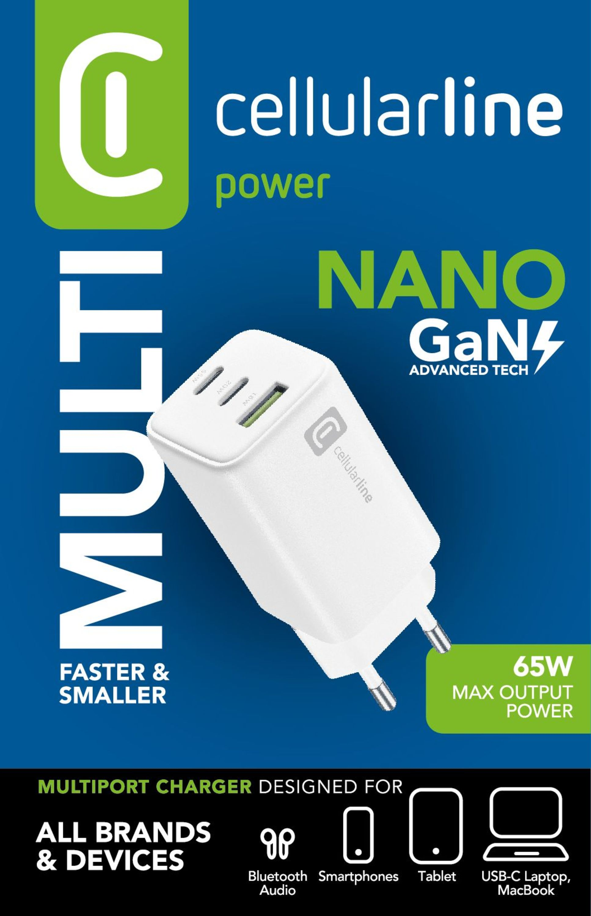 Mavi arka plan üzerinde beyaz çoklu bağlantı noktalı şarj cihazı. Metin: Multi, Cellularline power, Nano GaN, 65W çıkış.