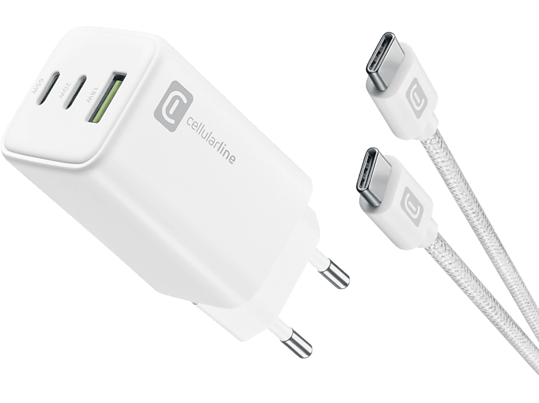 CELLULARLINE Multipower 100 cm 5A Dayanıklı Örgü USB-C Kablo + 65W Gan 3 Port Adaptör