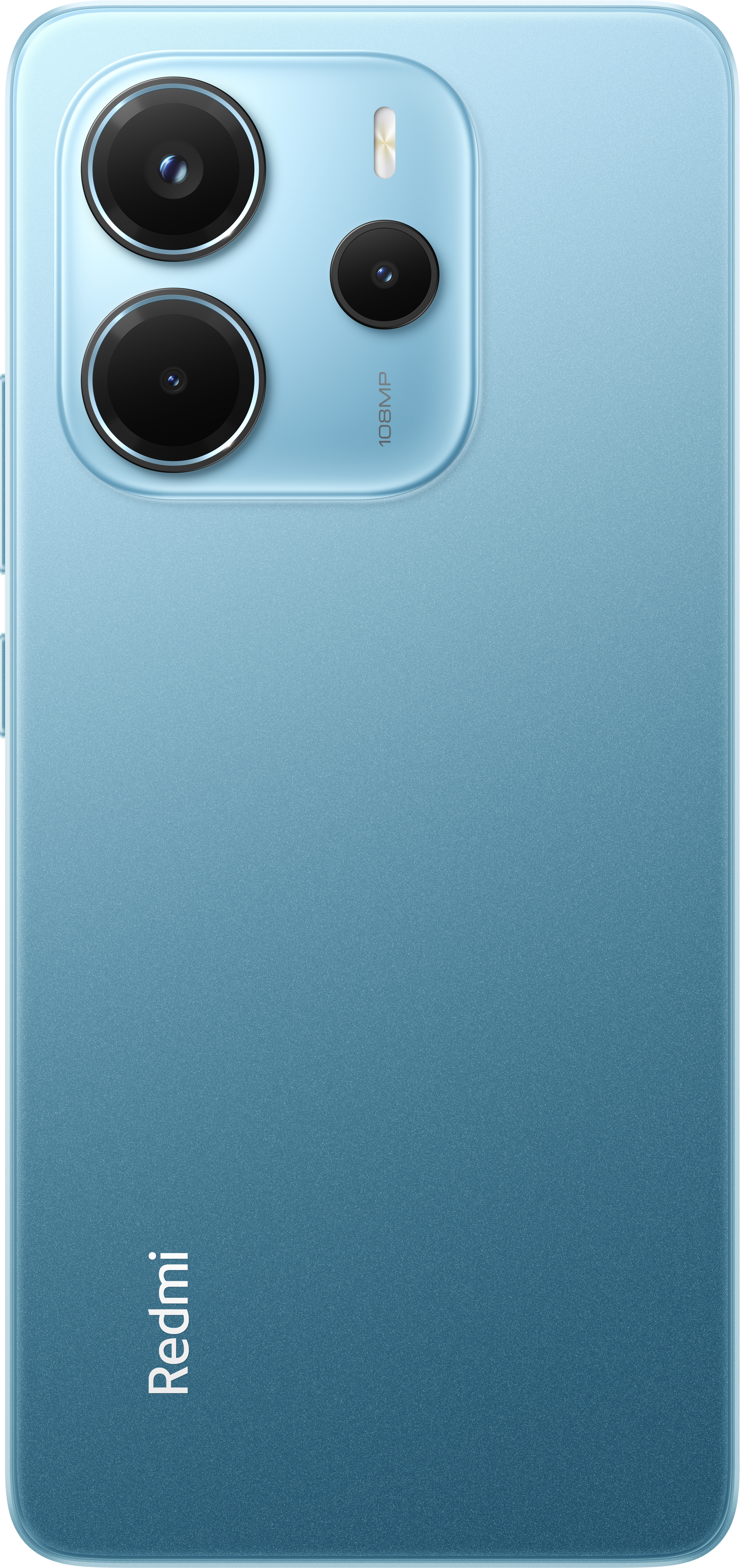 Rückseite eines hellblauen Redmi-Telefons. Es hat drei Kameralinsen und einen Blitz. Das Redmi-Logo befindet sich unten.