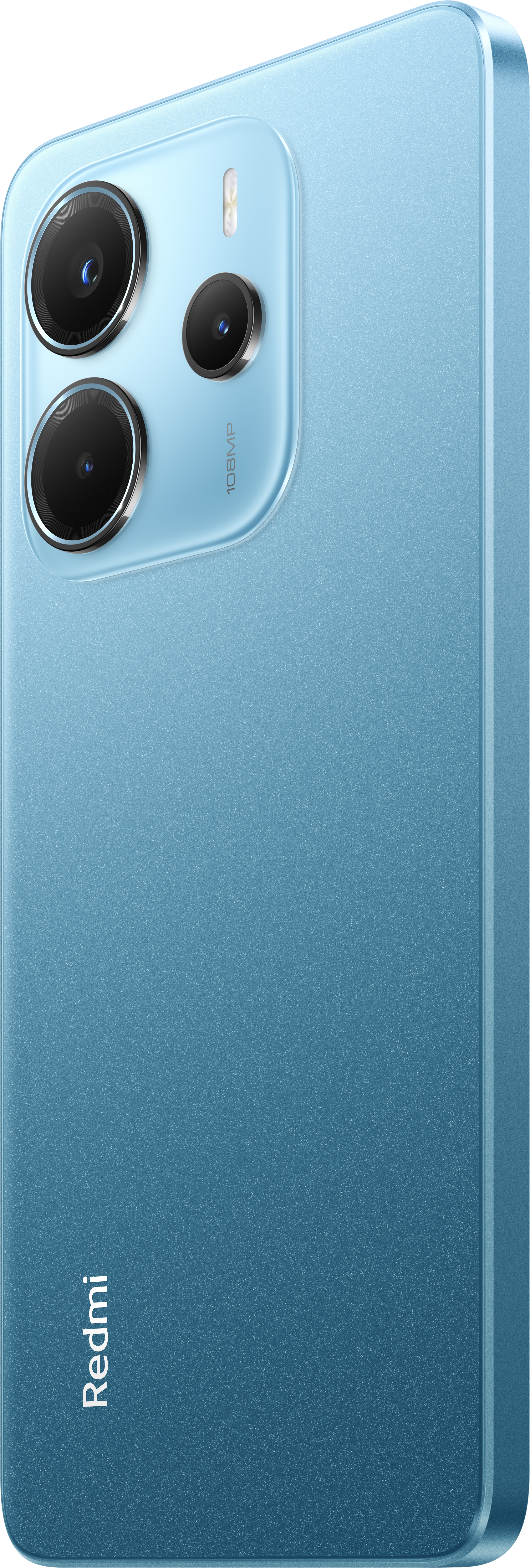 Ein blaues Redmi-Telefon. Es hat drei Kameralinsen, einen Blitz und den Markennamen an der Seite. Das Telefon ist abgewinkelt.