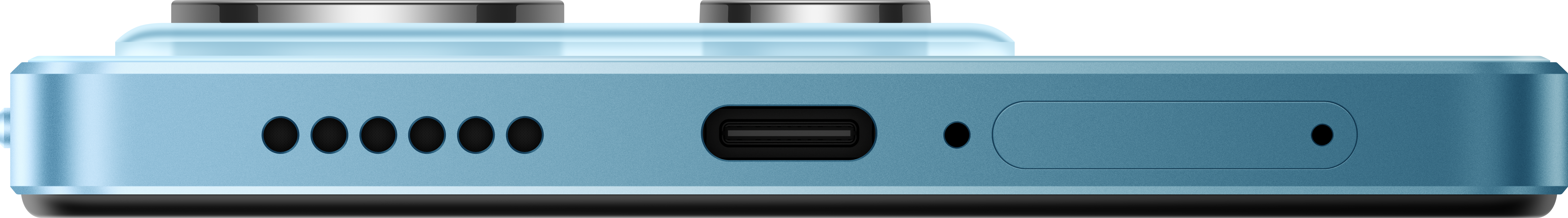 Unterseite des Telefons: USB-C-Anschluss, Lautsprecherlöcher und ein hellblauer Rahmen.