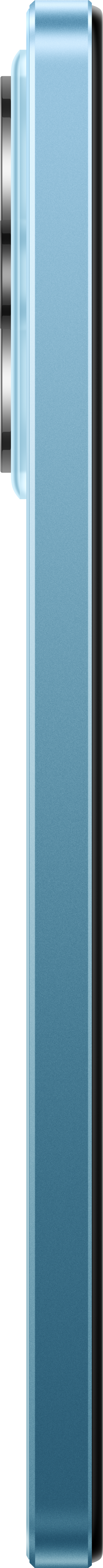 Nahaufnahme eines blauen Telefons. Es hat ein Kameraobjektiv und einen schwarzen Hintergrund.