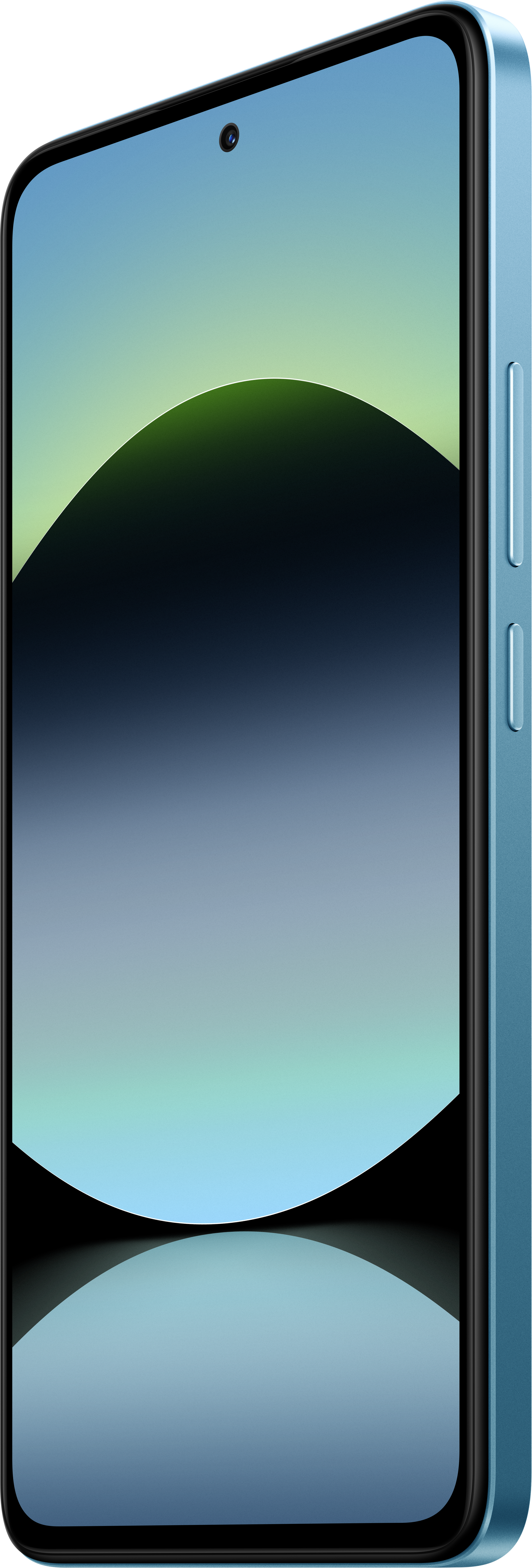 Blaues Smartphone, nach rechts geneigt, Bildschirm mit Farbverlauf. Ein/Aus- und Lautstärketasten.
