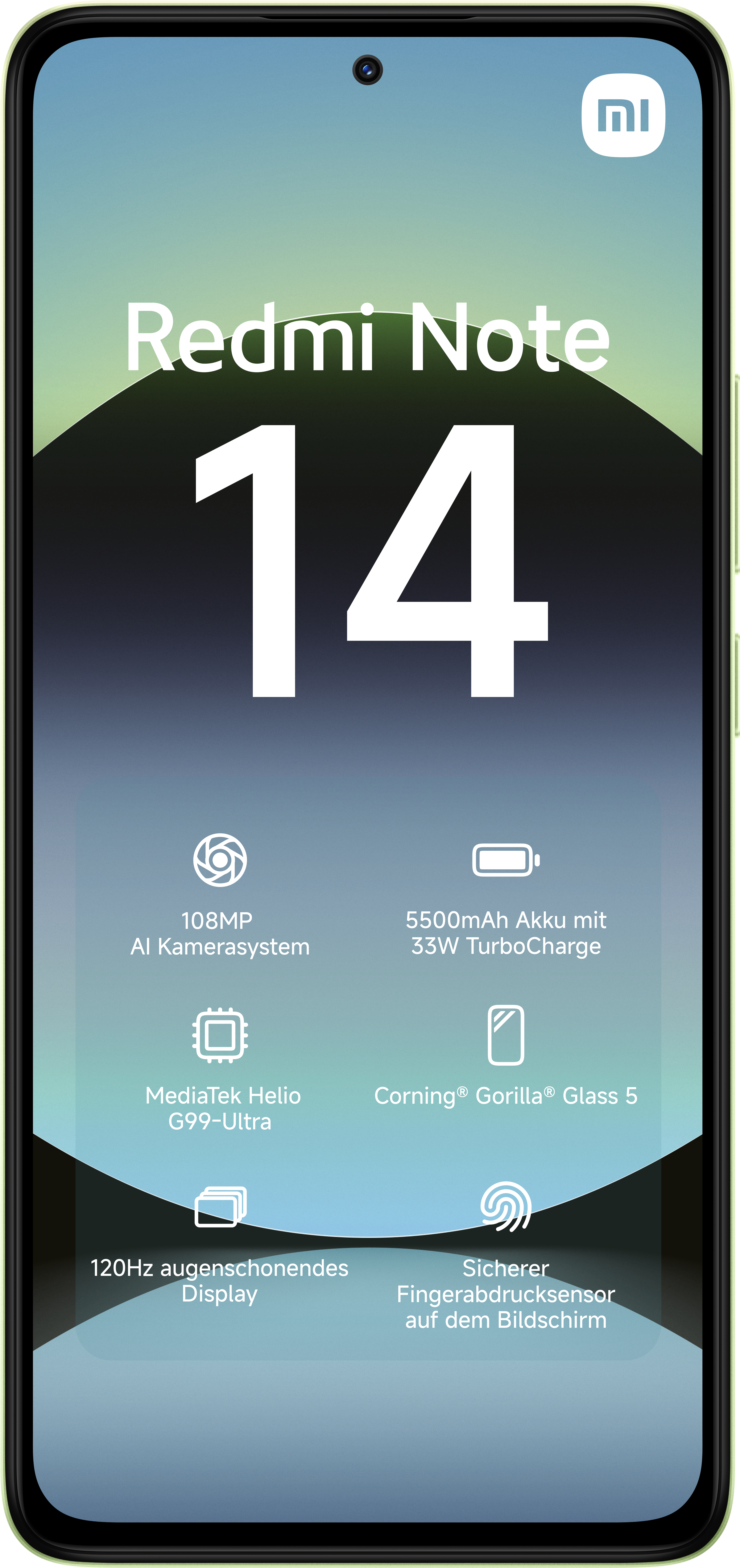 Smartphone-Display mit Redmi Note 14-Funktionen: 108MP Kamera, 5500mAh Akku, MediaTek Helio G99-Ultra, Corning Gorilla Glass.