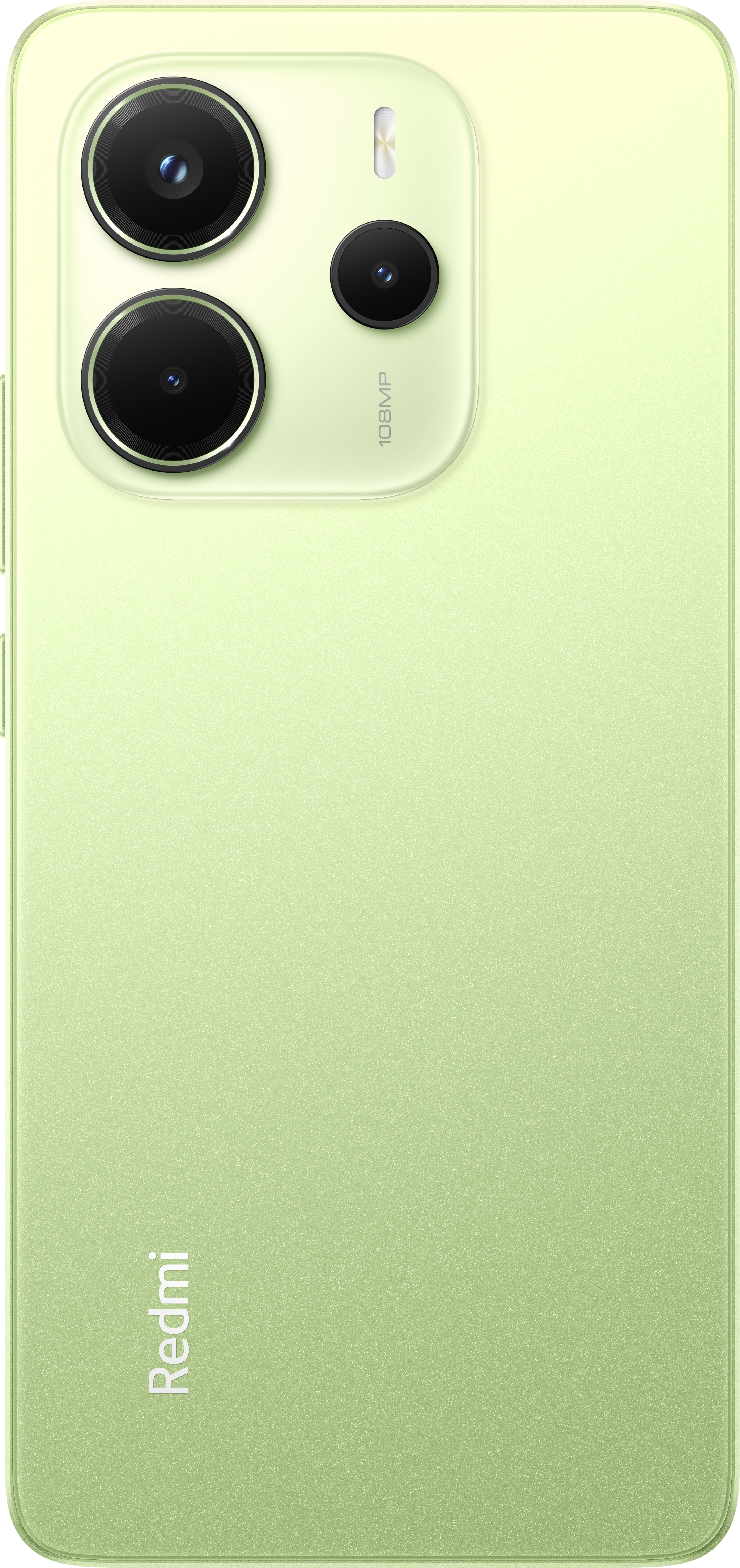 Ein hellgrünes Smartphone. Es hat drei Kameralinsen und einen Blitz oben links. Das Redmi-Logo ist unten.